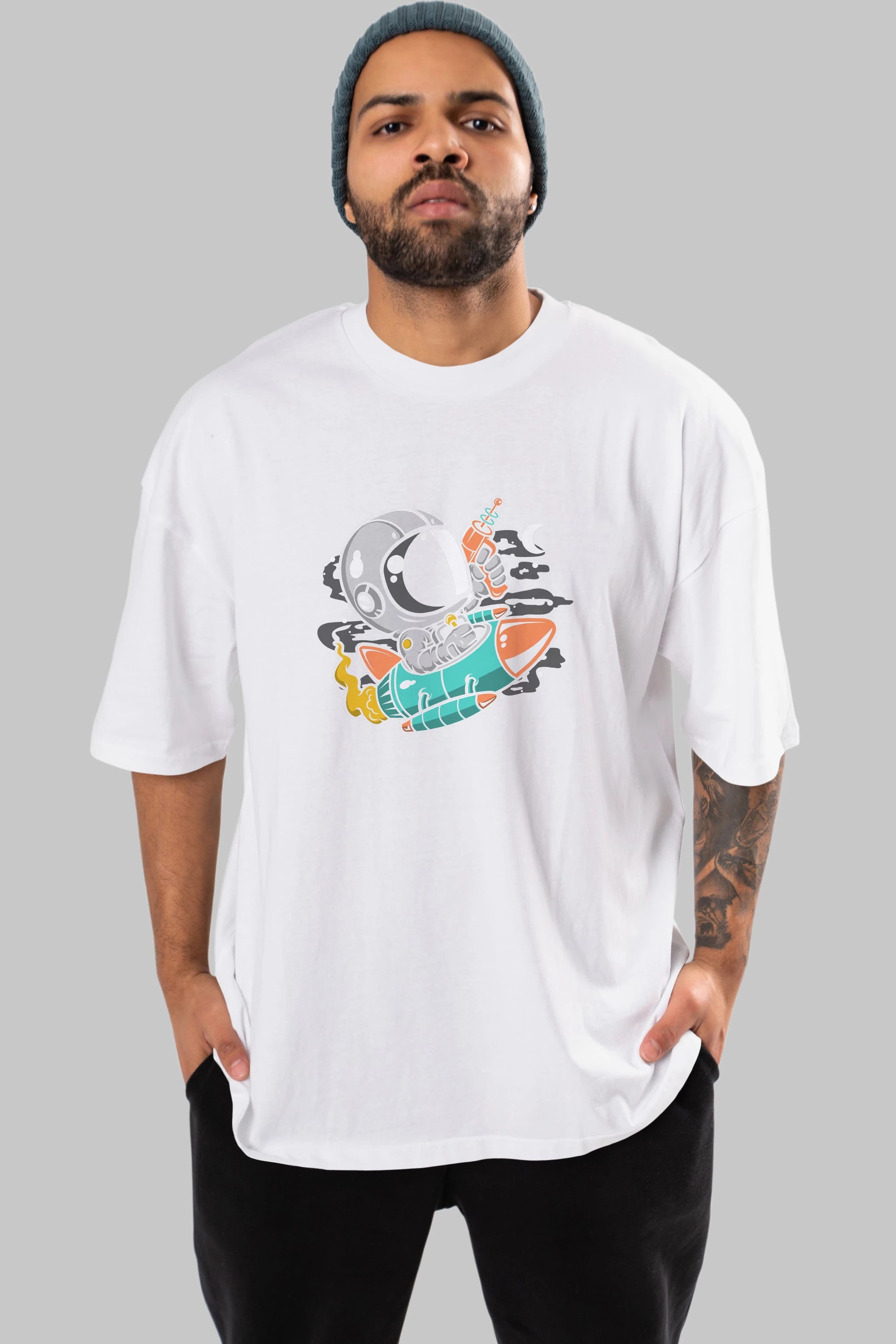 Astronaut Riding Rocket Ön Baskılı Oversize t-shirt Erkek Kadın Unisex