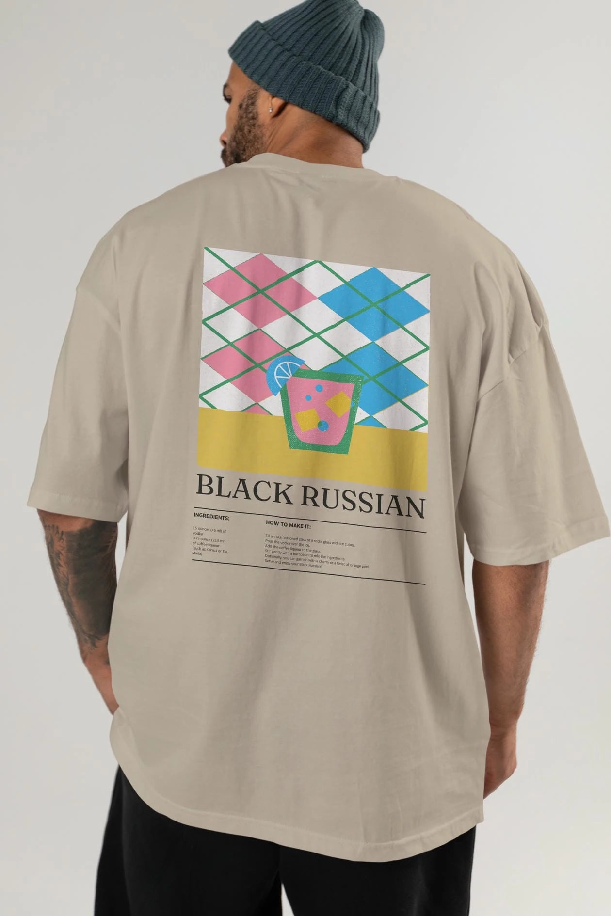Black Russian Kokteyl Serisi Arka Baskılı Oversize t-shirt Erkek Kadın %100 Pamuk Bisiklet Yaka tişort