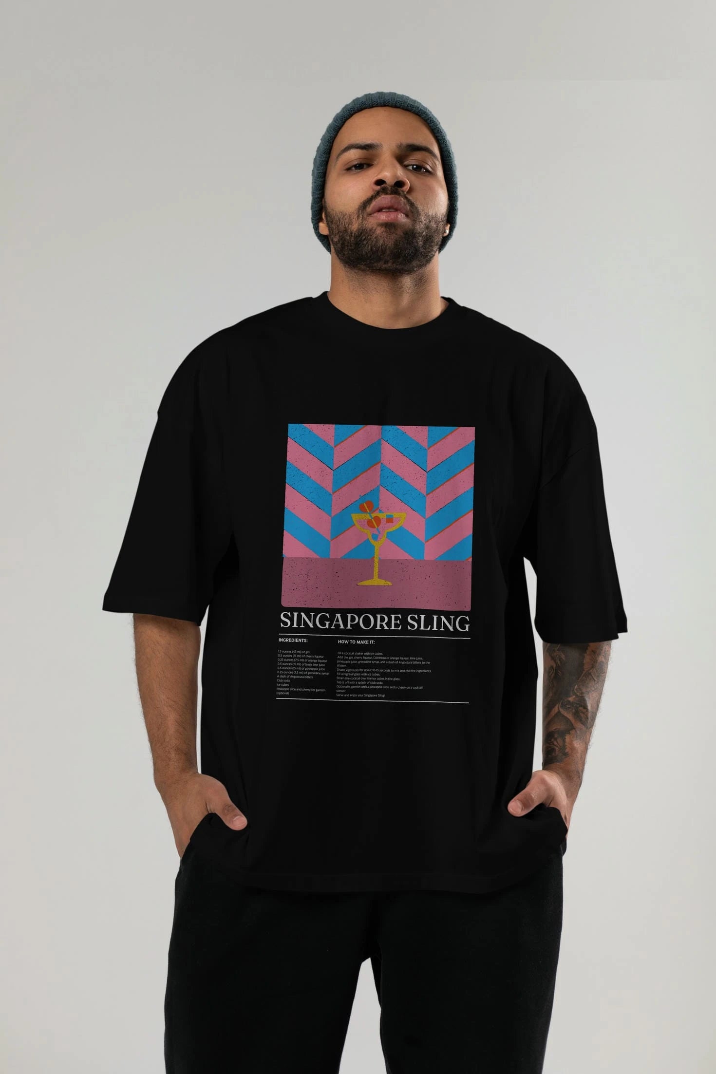 Sıngapore Sling Kokteyl Ön Baskılı Oversize t-shirt Erkek Kadın %100 Pamuk Bisiklet Yaka tişort