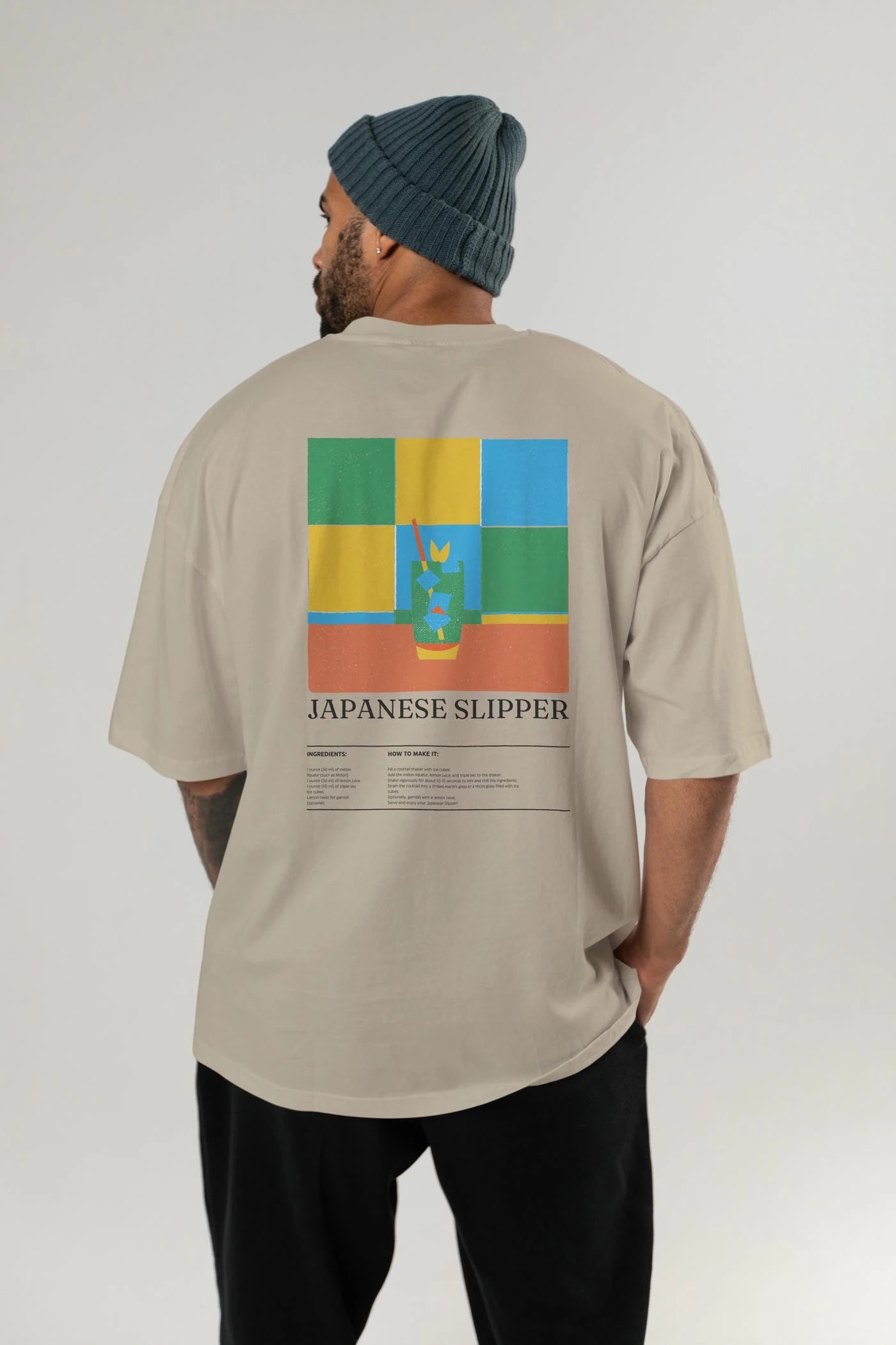 Japanese Slipper Kokteyl Serisi Arka Baskılı Oversize t-shirt Erkek Kadın %100 Pamuk Bisiklet Yaka tişort