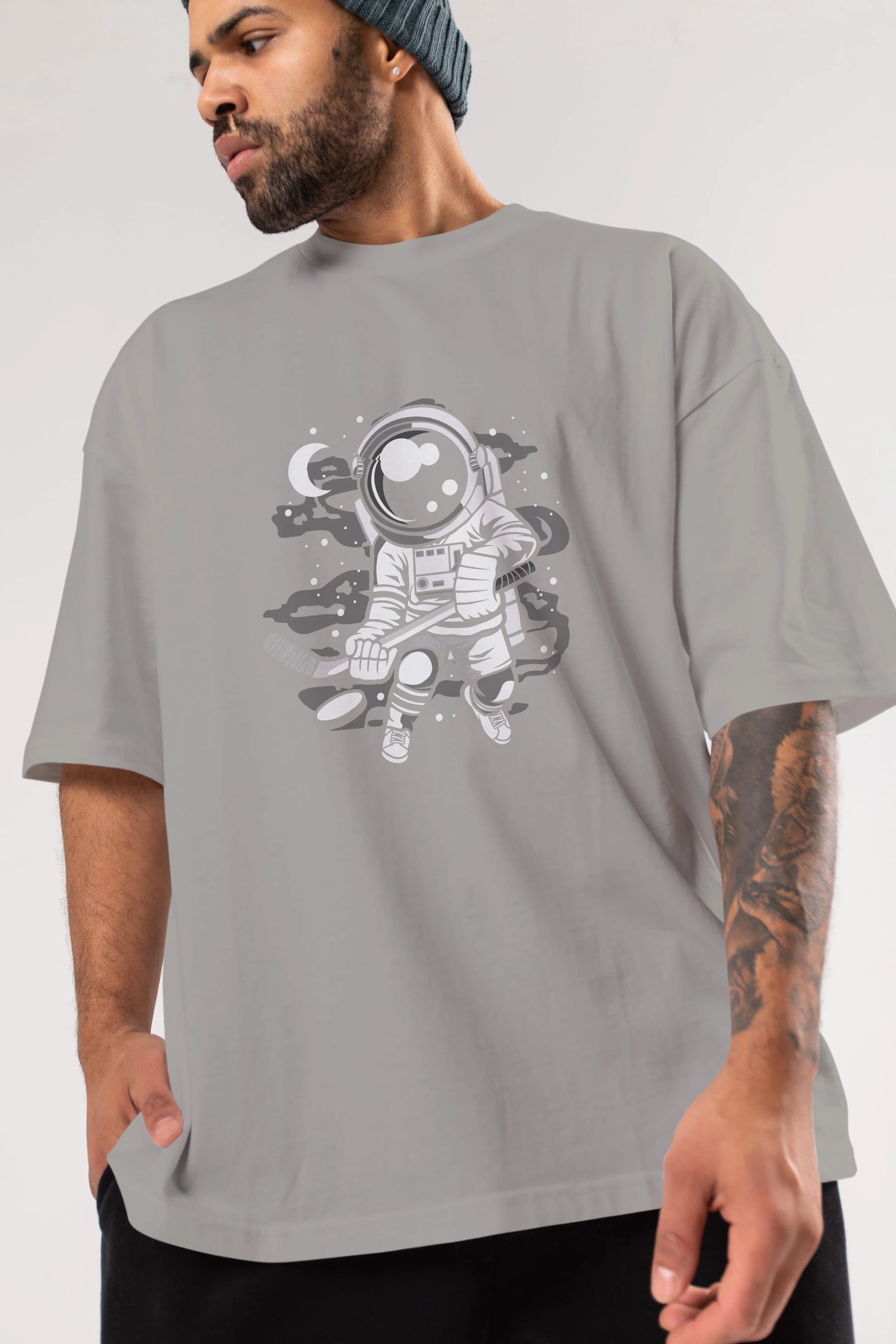 Hockey Player Astronaut Ön Baskılı Oversize t-shirt Erkek Kadın Unisex