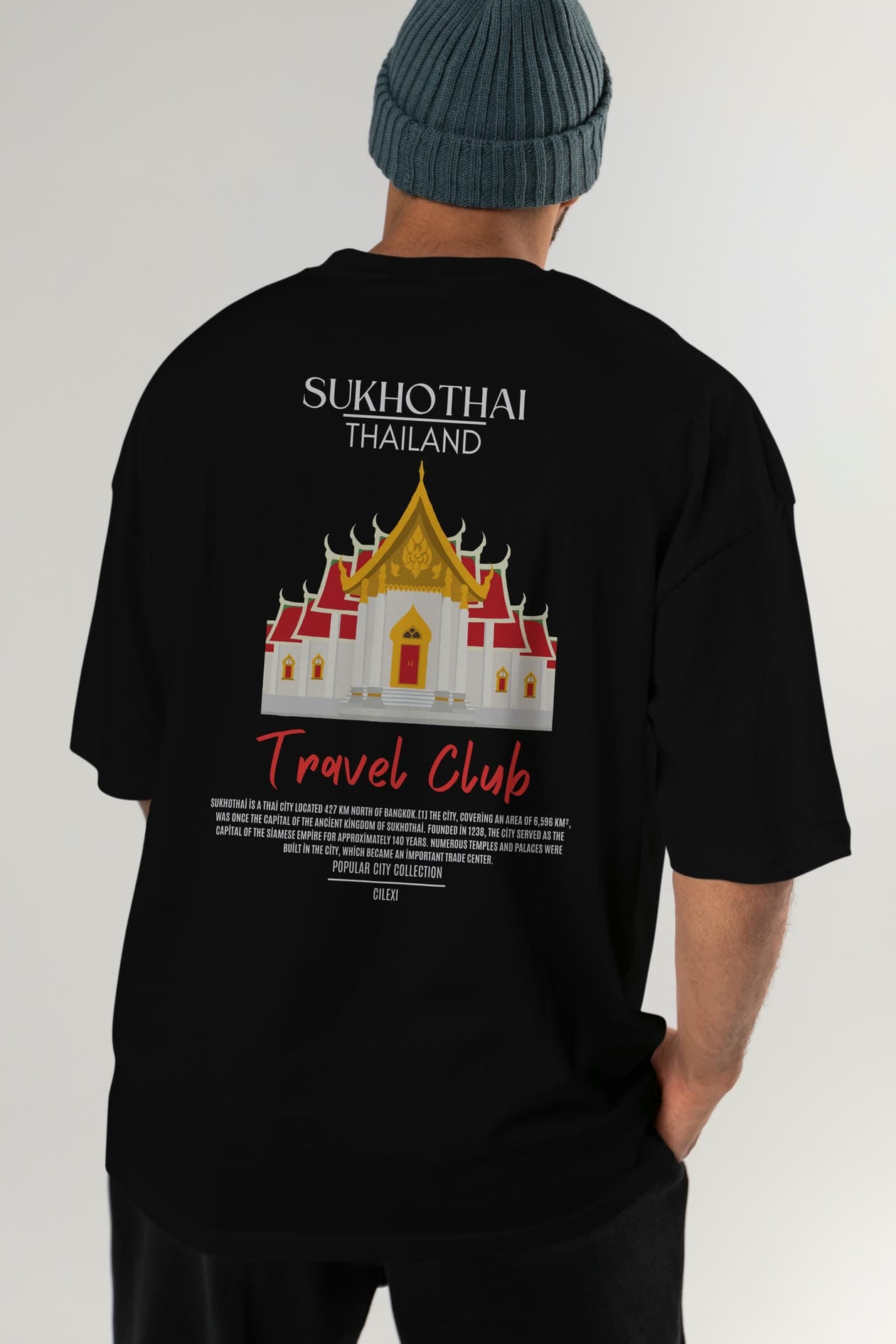 Sukhothai Thailand Arka Baskılı Oversize t-shirt Erkek Kadın Pamuk Bisiklet Yaka tişort