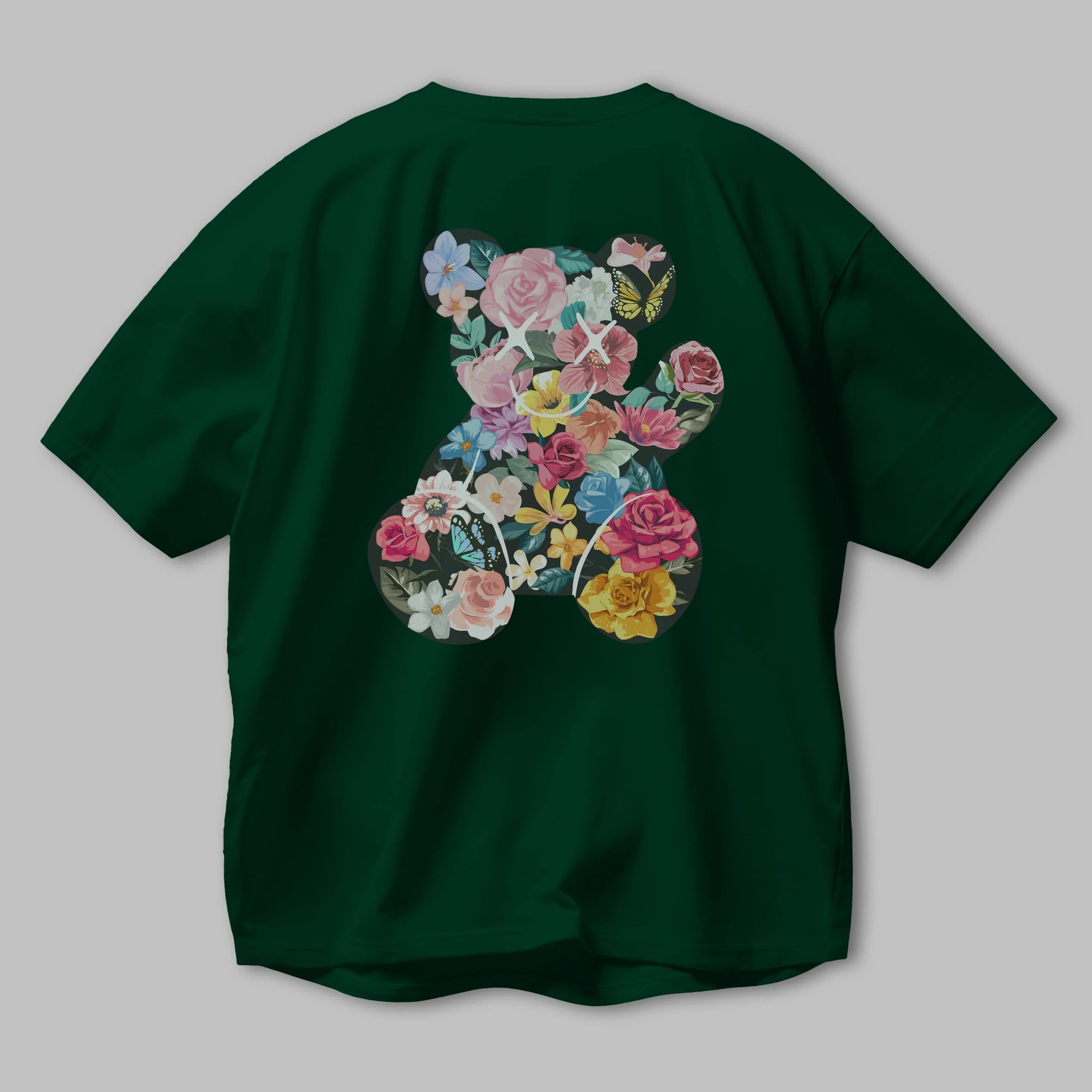 Flowers Bear Arka Baskılı Oversize t-shirt Erkek Kadın Unisex