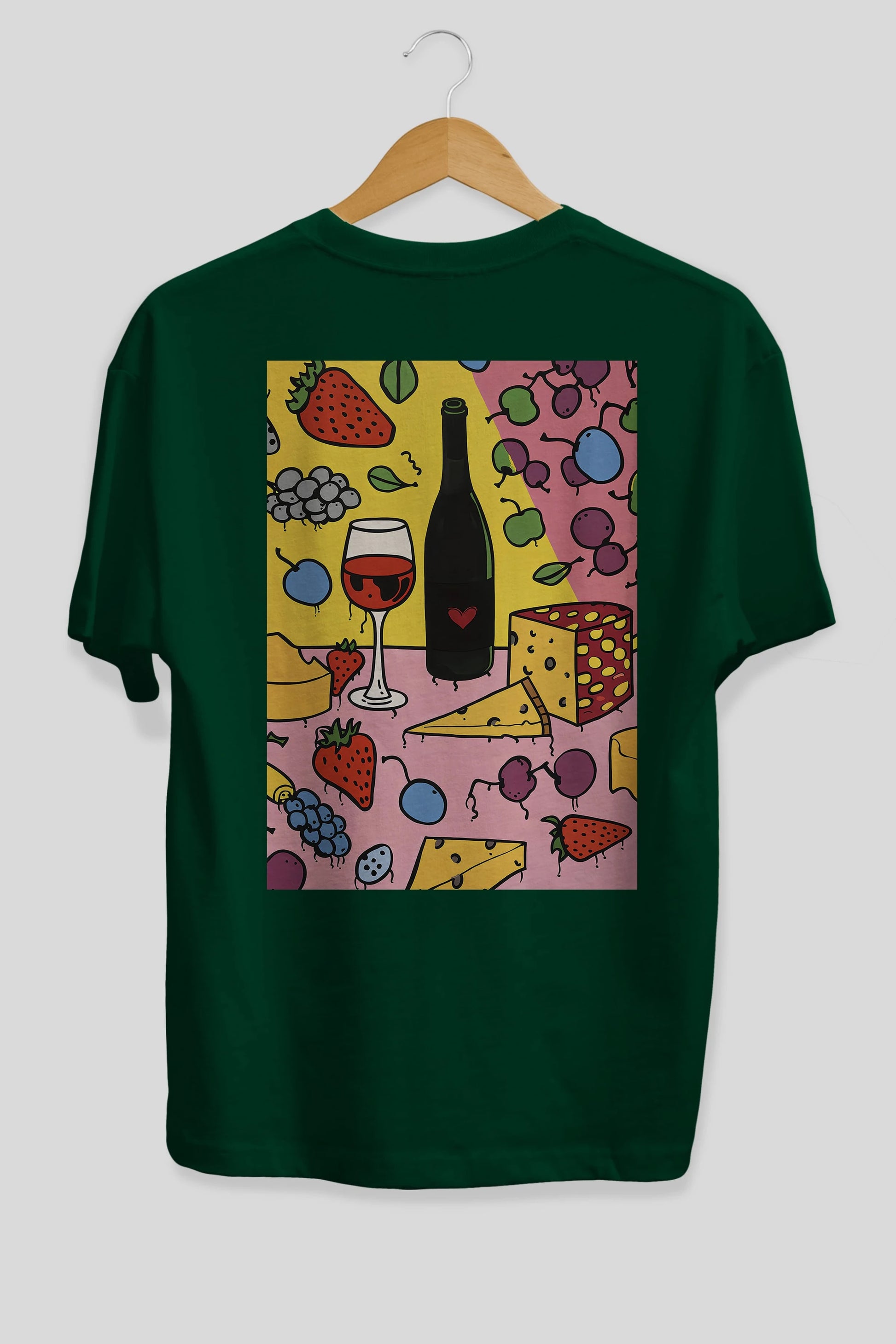 Wine Cheese Fruits Arka Baskılı Oversize t-shirt Erkek Kadın Unisex %100 Pamuk Bisiklet Yaka tişort