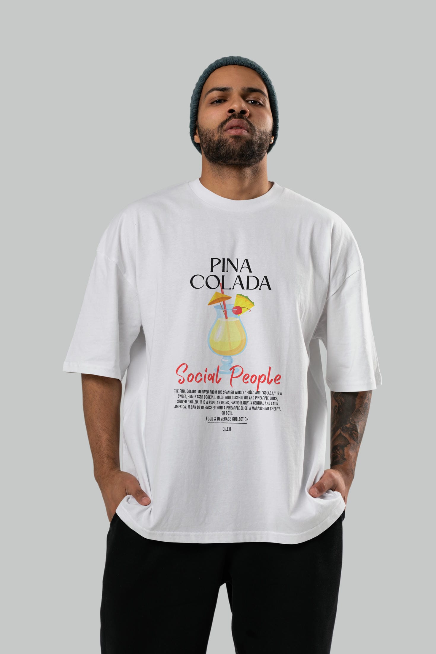 Pına Colada Kokteyl Serisi ön Baskılı Oversize t-shirt Erkek Kadın %100 Pamuk Bisiklet Yaka tişort