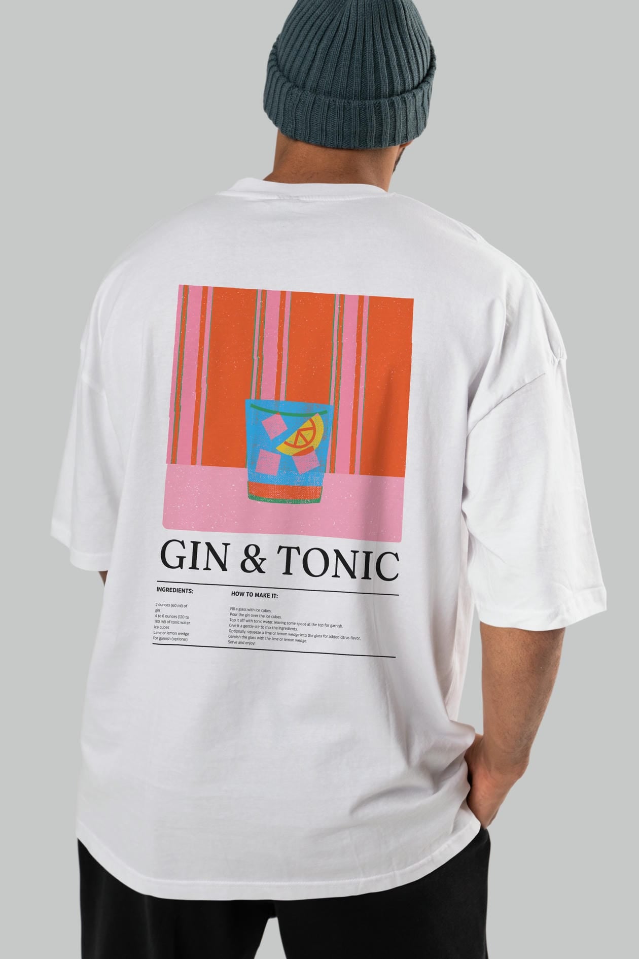 Gin Tonic Kokteyl Serisi Arka Baskılı Oversize t-shirt Erkek Kadın %100 Pamuk Bisiklet Yaka tişort