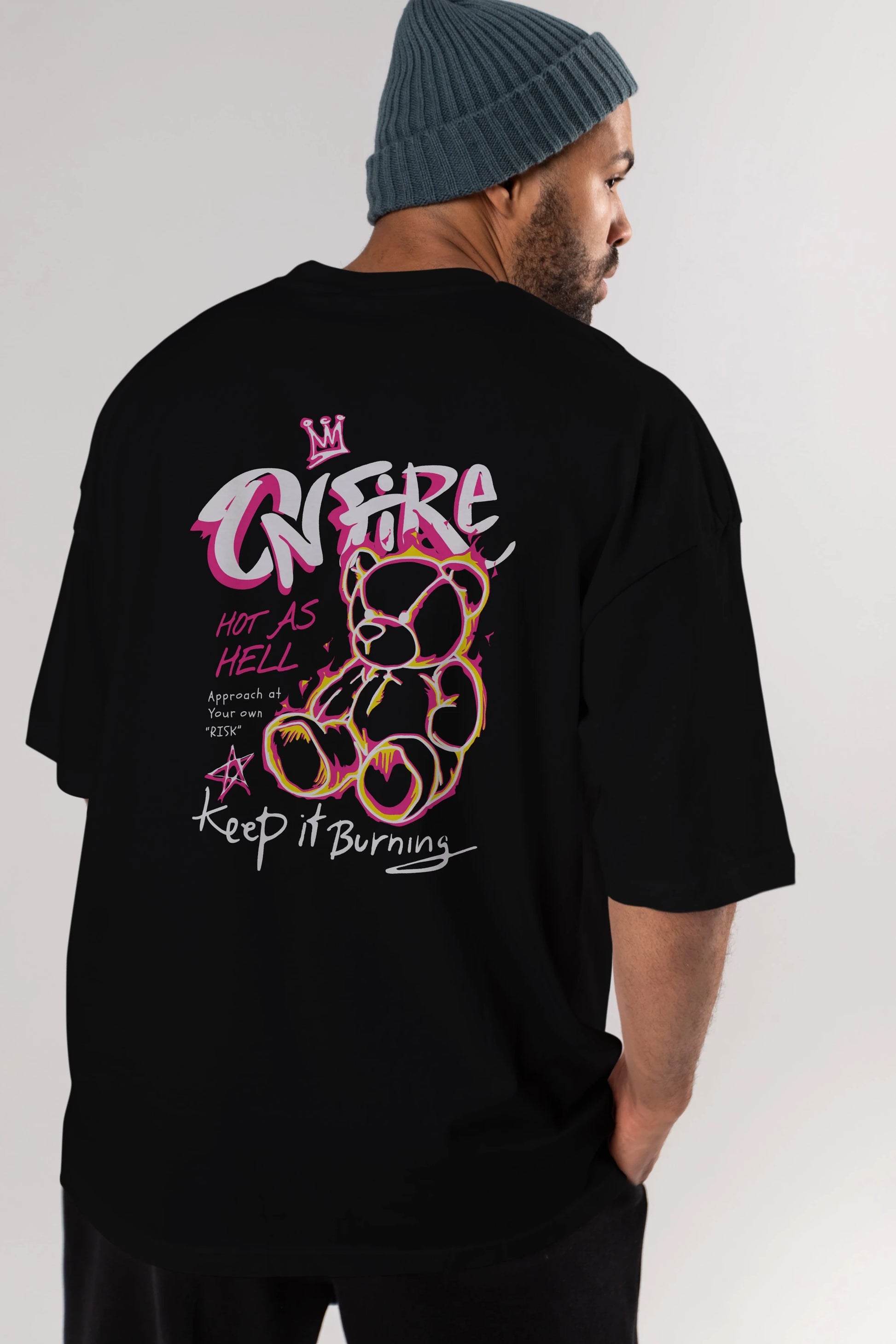 On Fire Bear Arka Baskılı Oversize t-shirt Erkek Kadın Unisex