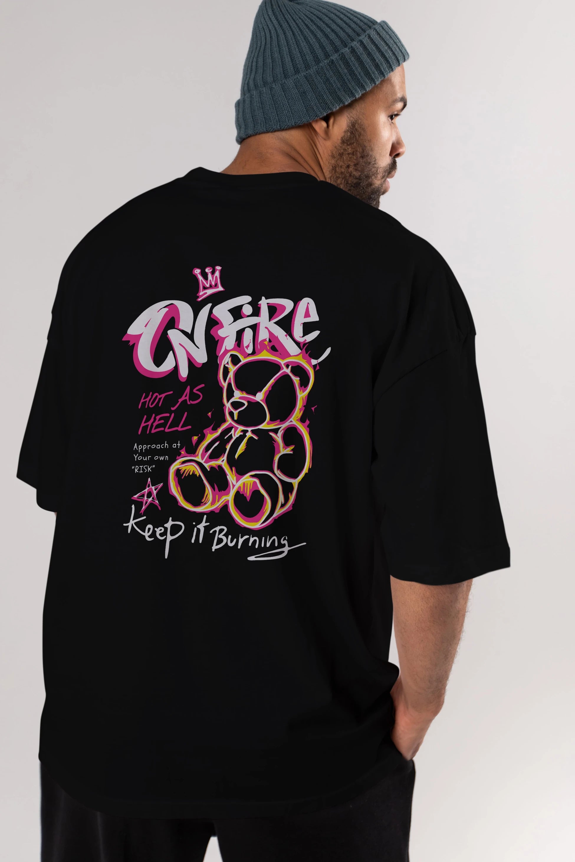 On Fire Bear Arka Baskılı Oversize t-shirt Erkek Kadın Unisex