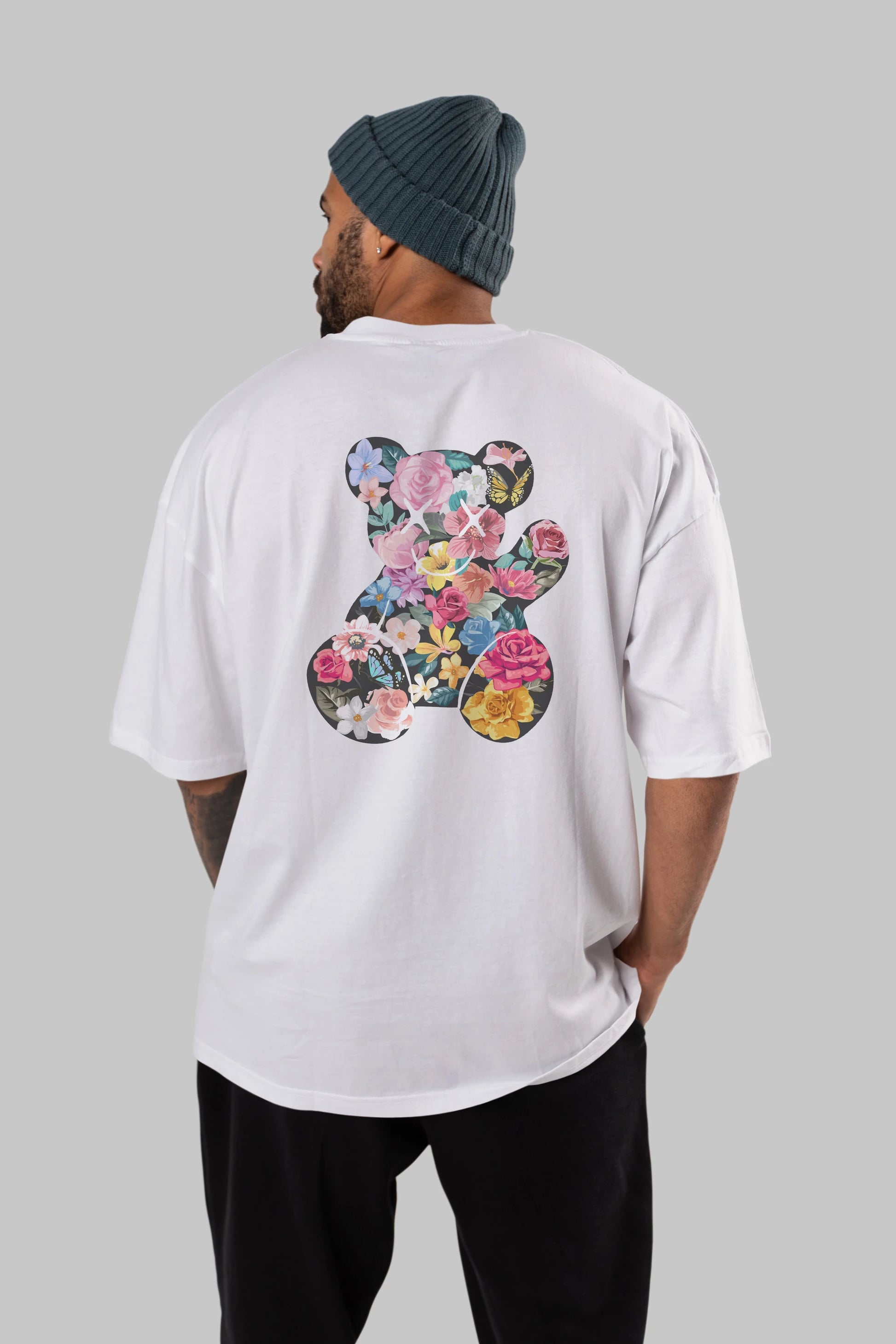 Flowers Bear Arka Baskılı Oversize t-shirt Erkek Kadın Unisex