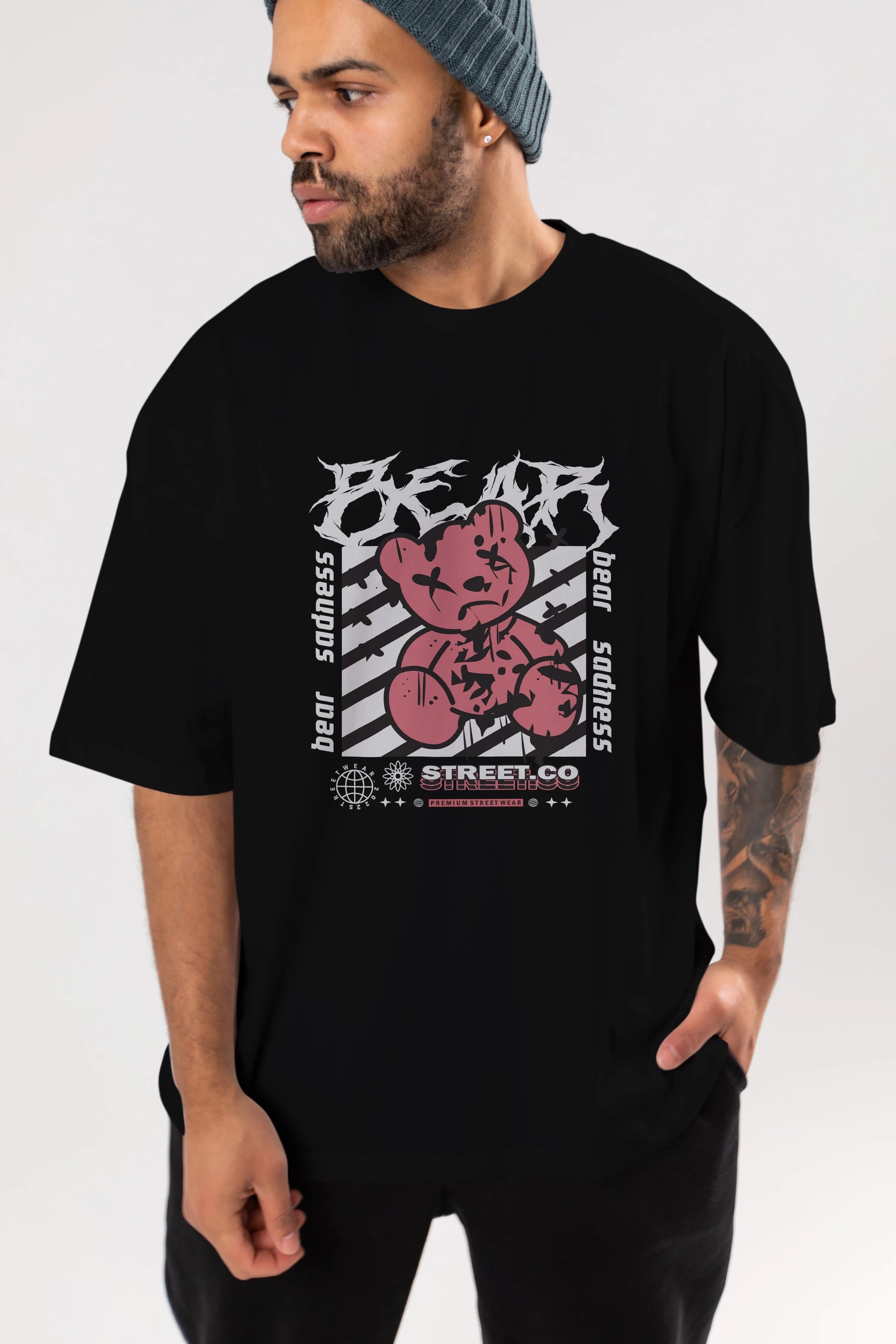 Bear Sadness Ön Baskılı Oversize t-shirt Erkek Kadın Unisex