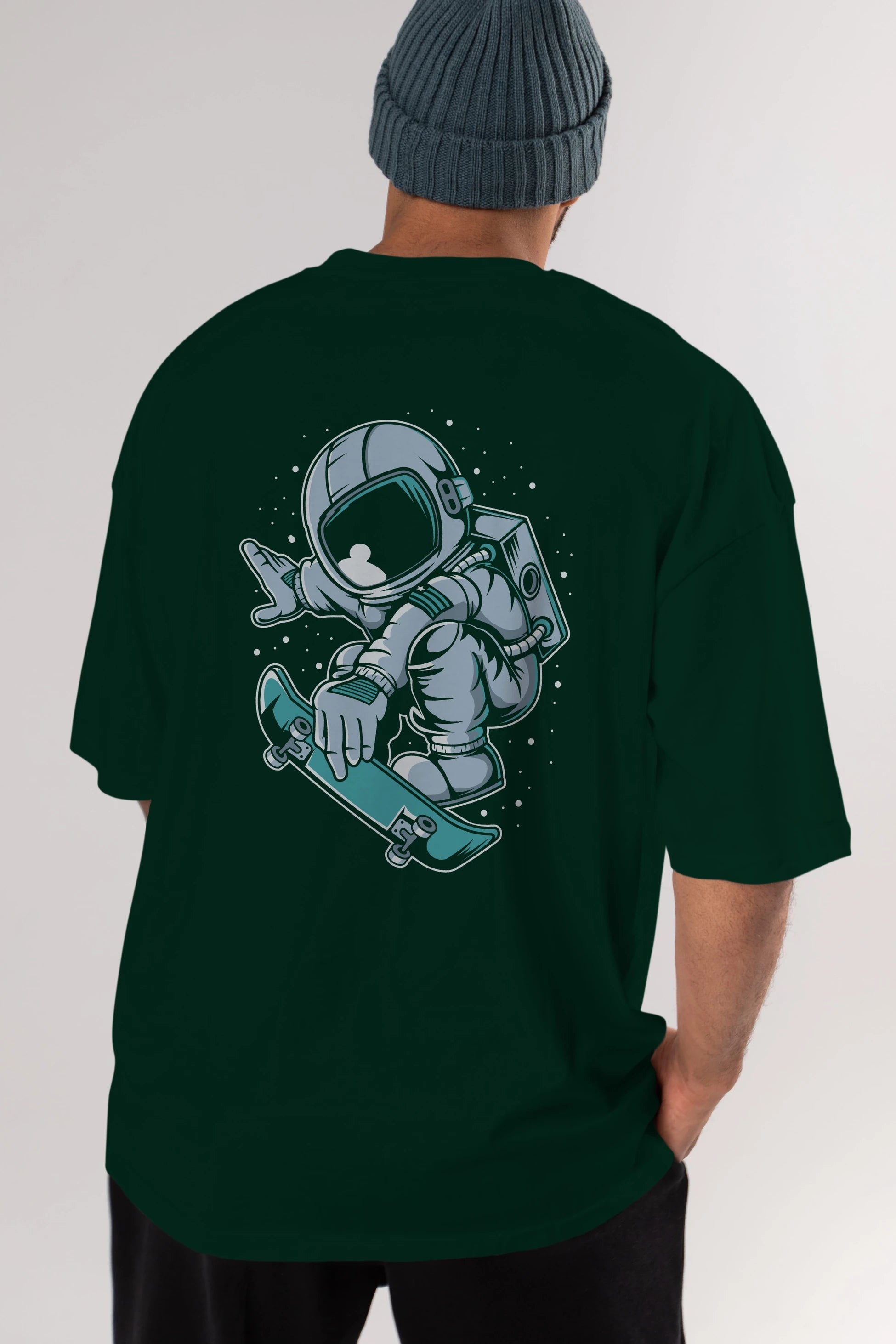 Astronaut Skateboard Jump Arka Baskılı Oversize t-shirt Erkek Kadın Unisex