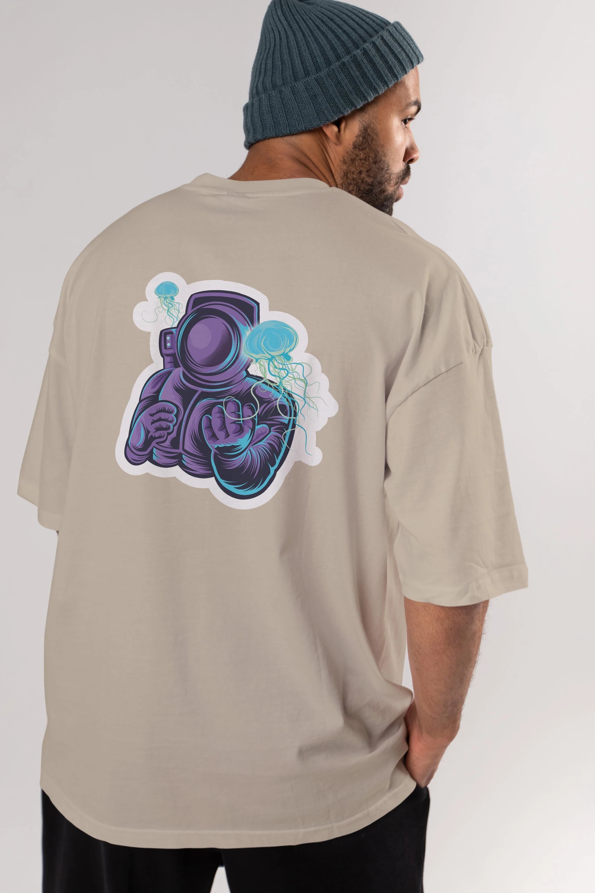 Astronaut and Jellyfish Sticker Arka Baskılı Oversize t-shirt Erkek Kadın Unisex