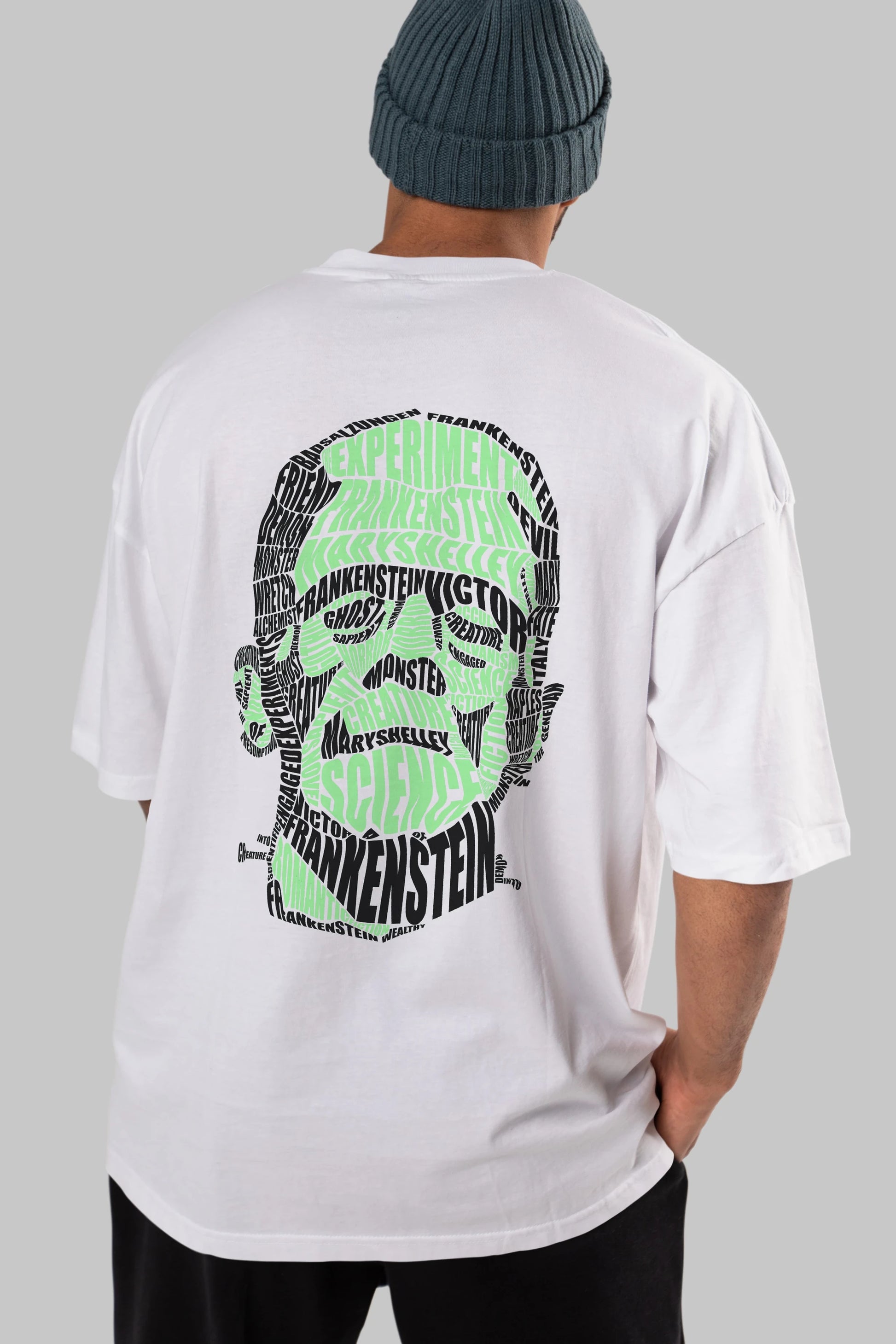 Frankenstein Calligram Arka Baskılı Oversize t-shirt %100 pamuk Erkek Kadın Unisex