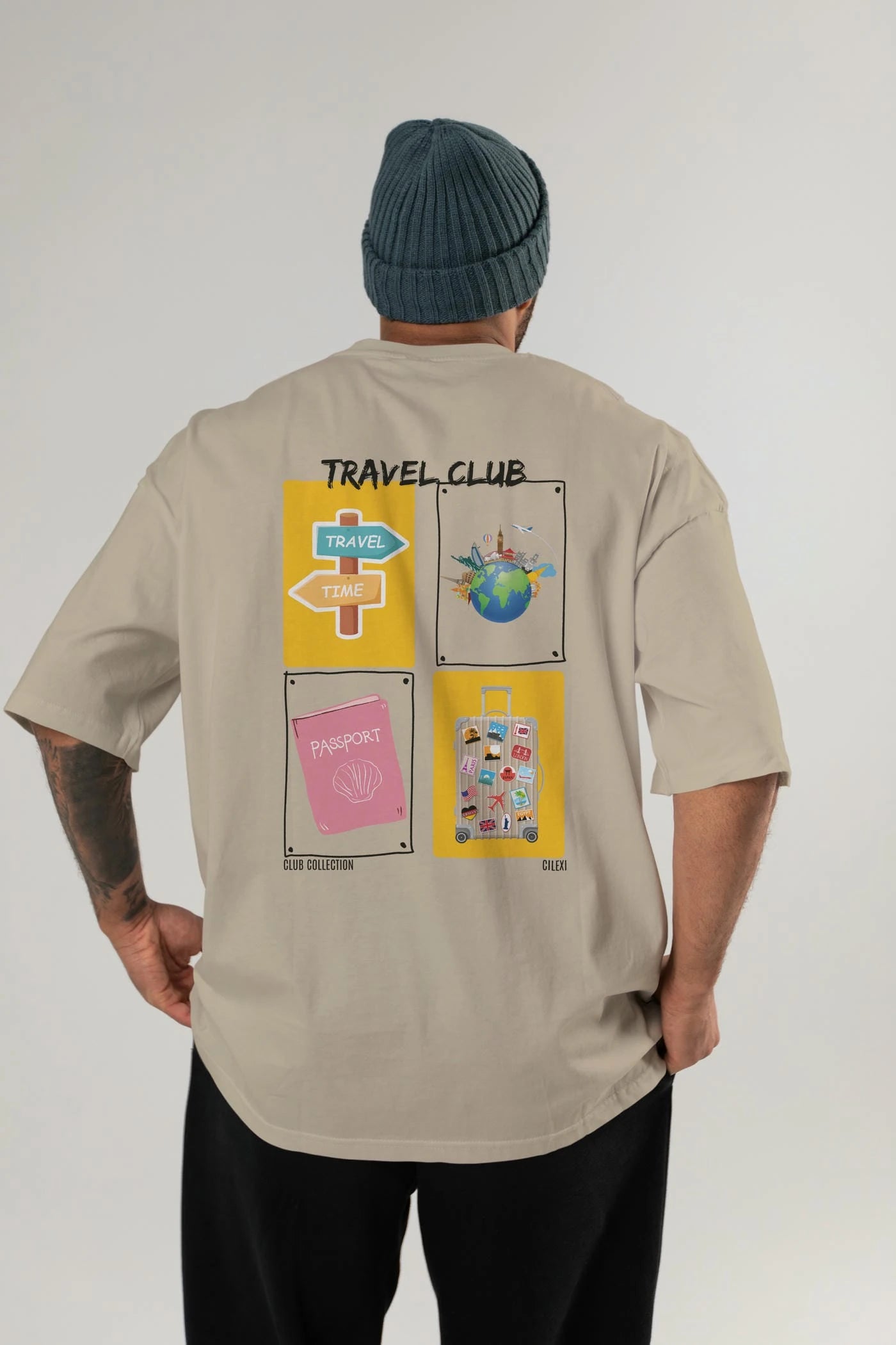 Travel Club Arka Baskılı Oversize t-shirt Erkek Kadın %100 Pamuk Bisiklet Yaka tişort