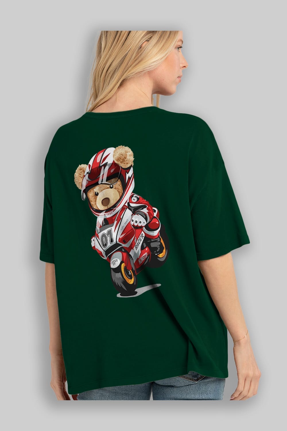 Teddy Bear Racer Arka Baskılı Oversize t-shirt Erkek Kadın Unisex %100 Pamuk
