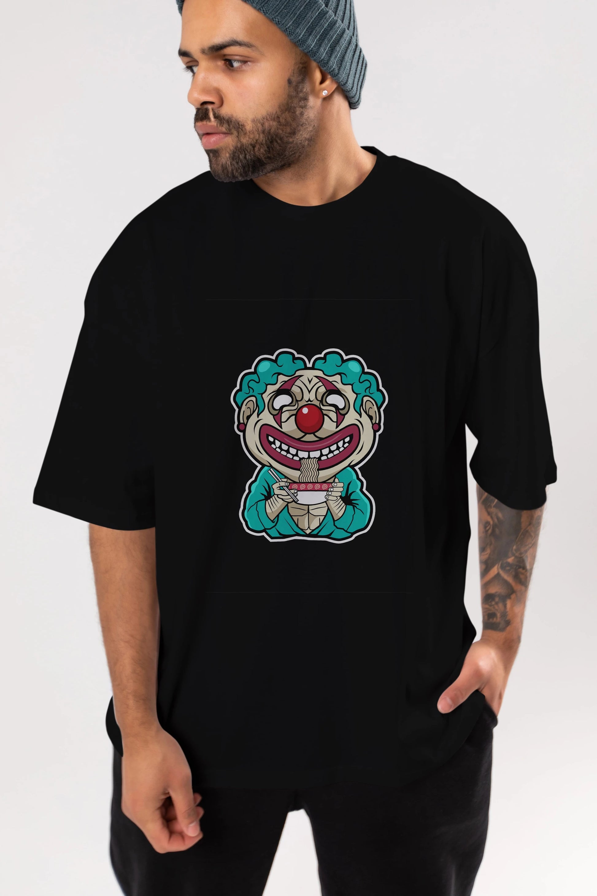Clown Ramen Ön Baskılı Oversize t-shirt Erkek Kadın Unisex %100 Pamuk tişort