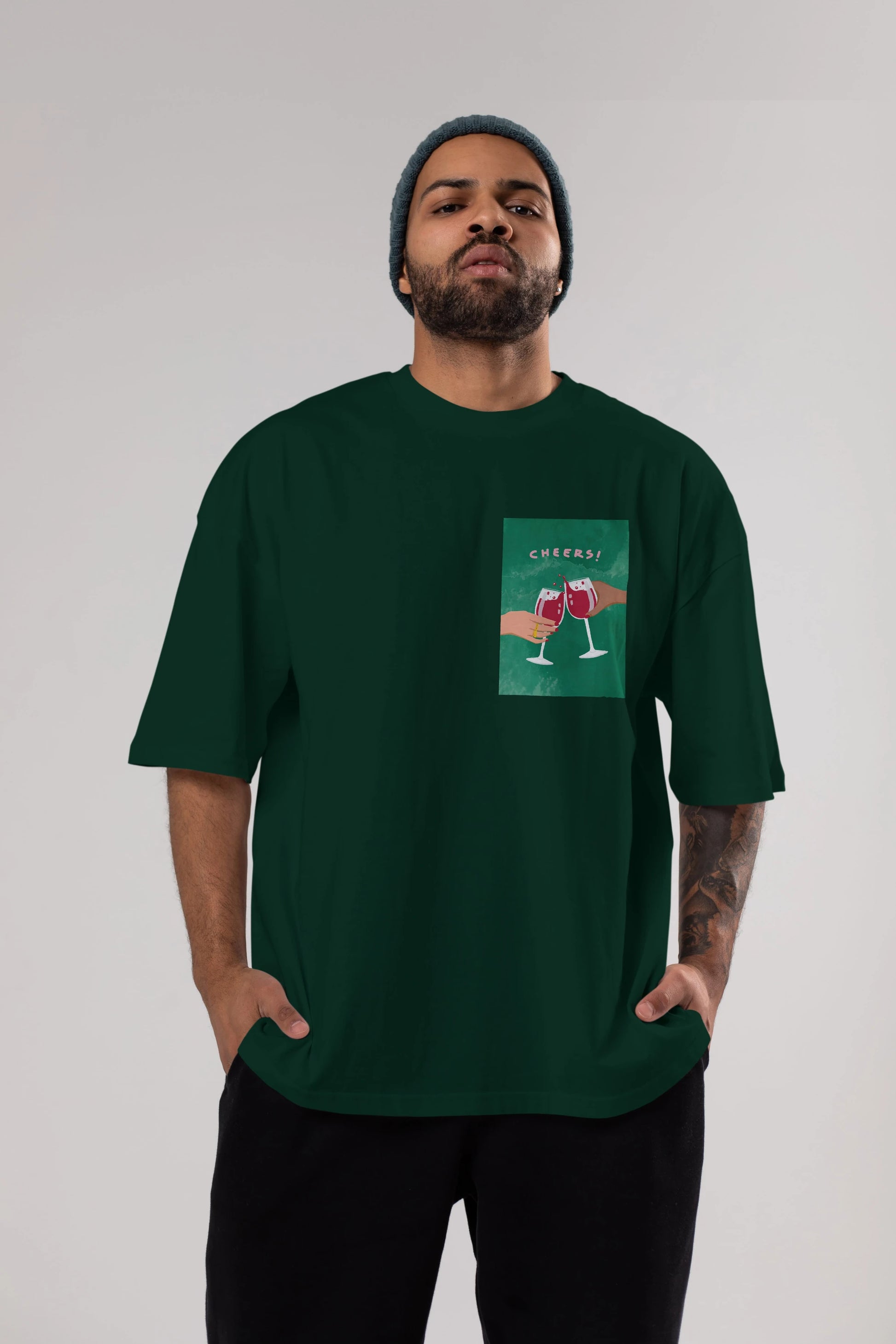 Cheers Ön Sol Baskılı Oversize t-shirt Erkek Kadın Unisex %100 Pamuk Bisiklet Yaka tişort