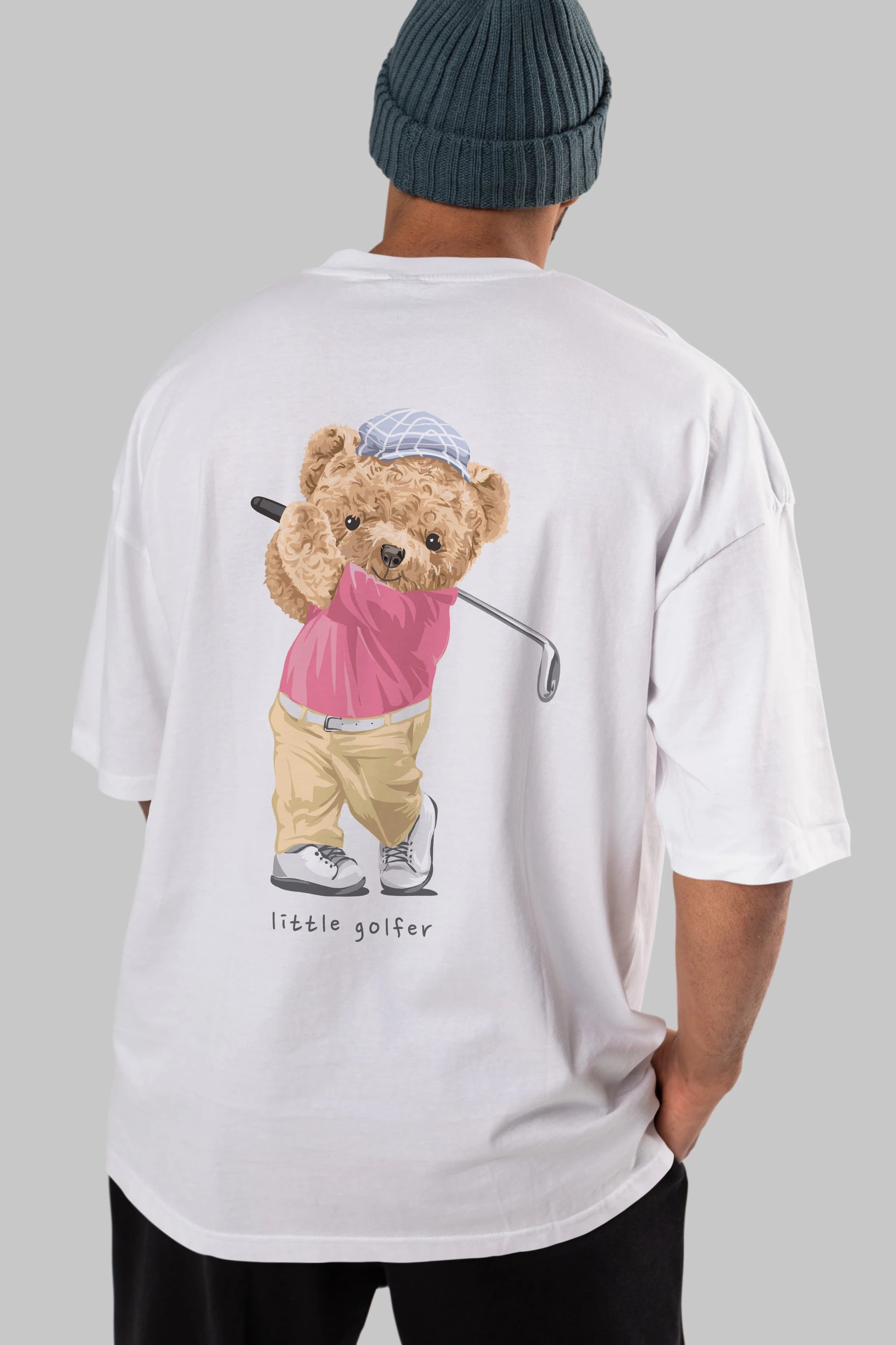 Teddy Bear Little Golfer Arka Baskılı Oversize t-shirt Erkek Kadın Unisex %100 Pamuk