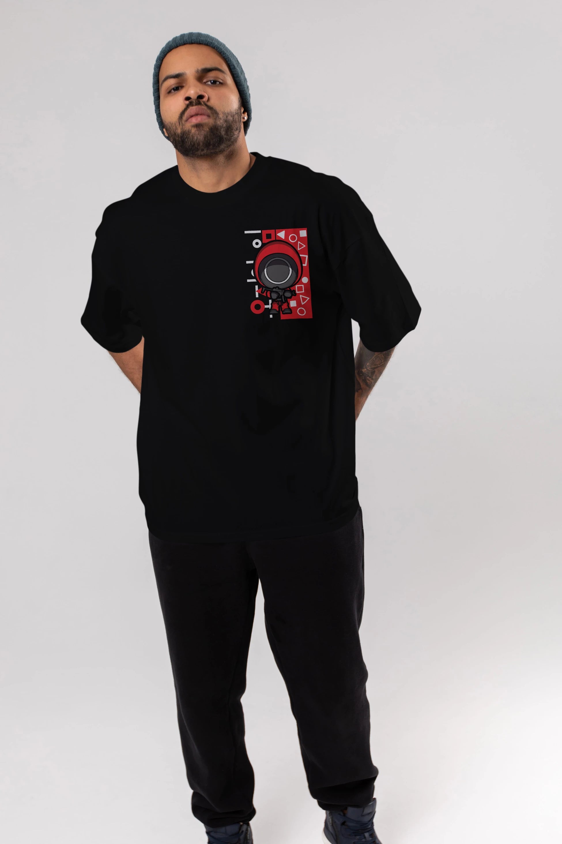 Squid Game (4) Ön Sol Baskılı Oversize t-shirt Erkek Kadın Unisex %100 Pamuk Bisiklet Yaka tişort
