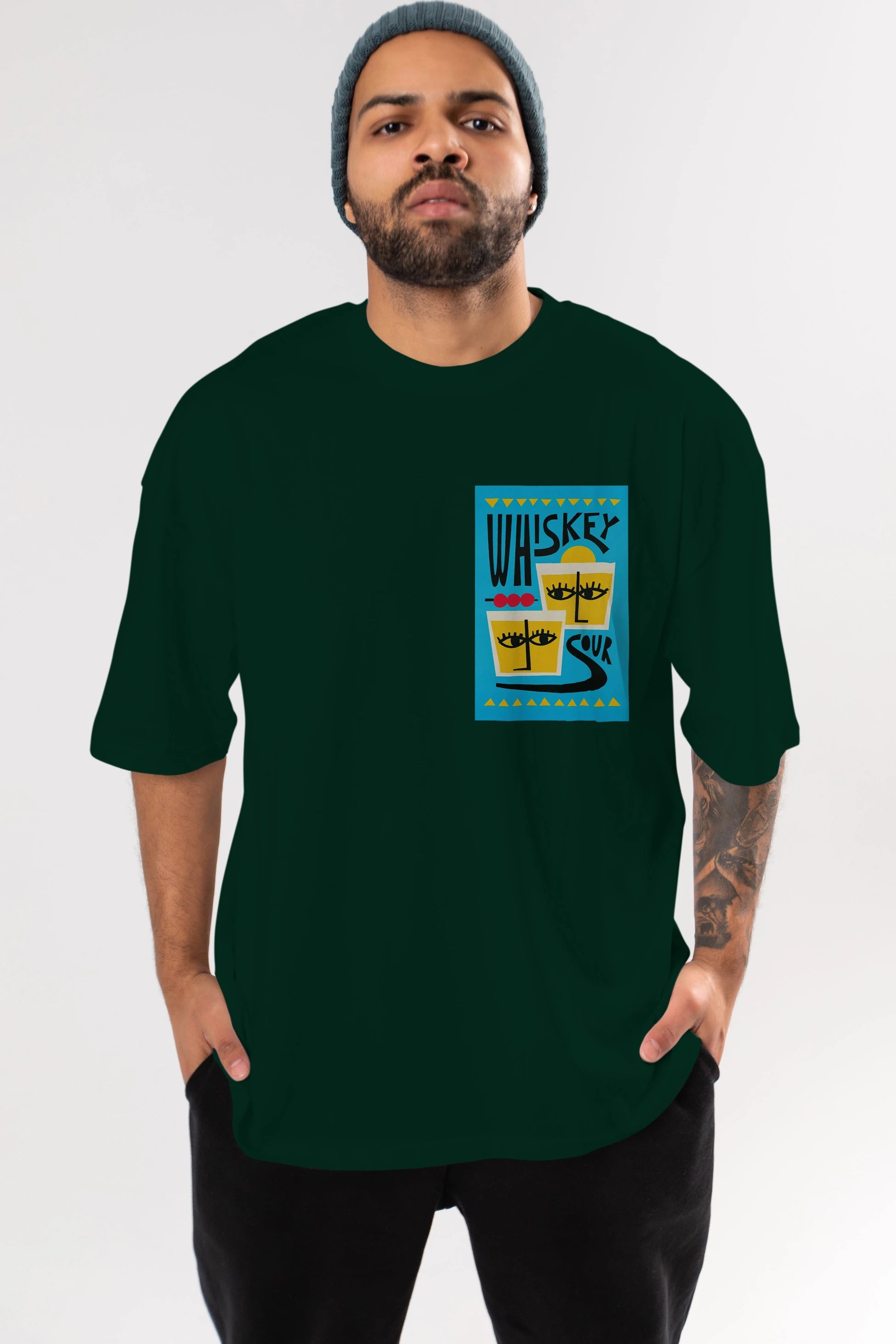 Whiskey Sour 2 Ön Sol Baskılı Oversize t-shirt Erkek Kadın Unisex %100 Pamuk Bisiklet Yaka tişort