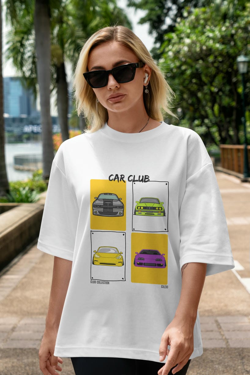 Car Club ön Baskılı Oversize t-shirt Erkek Kadın %100 Pamuk Bisiklet Yaka tişort