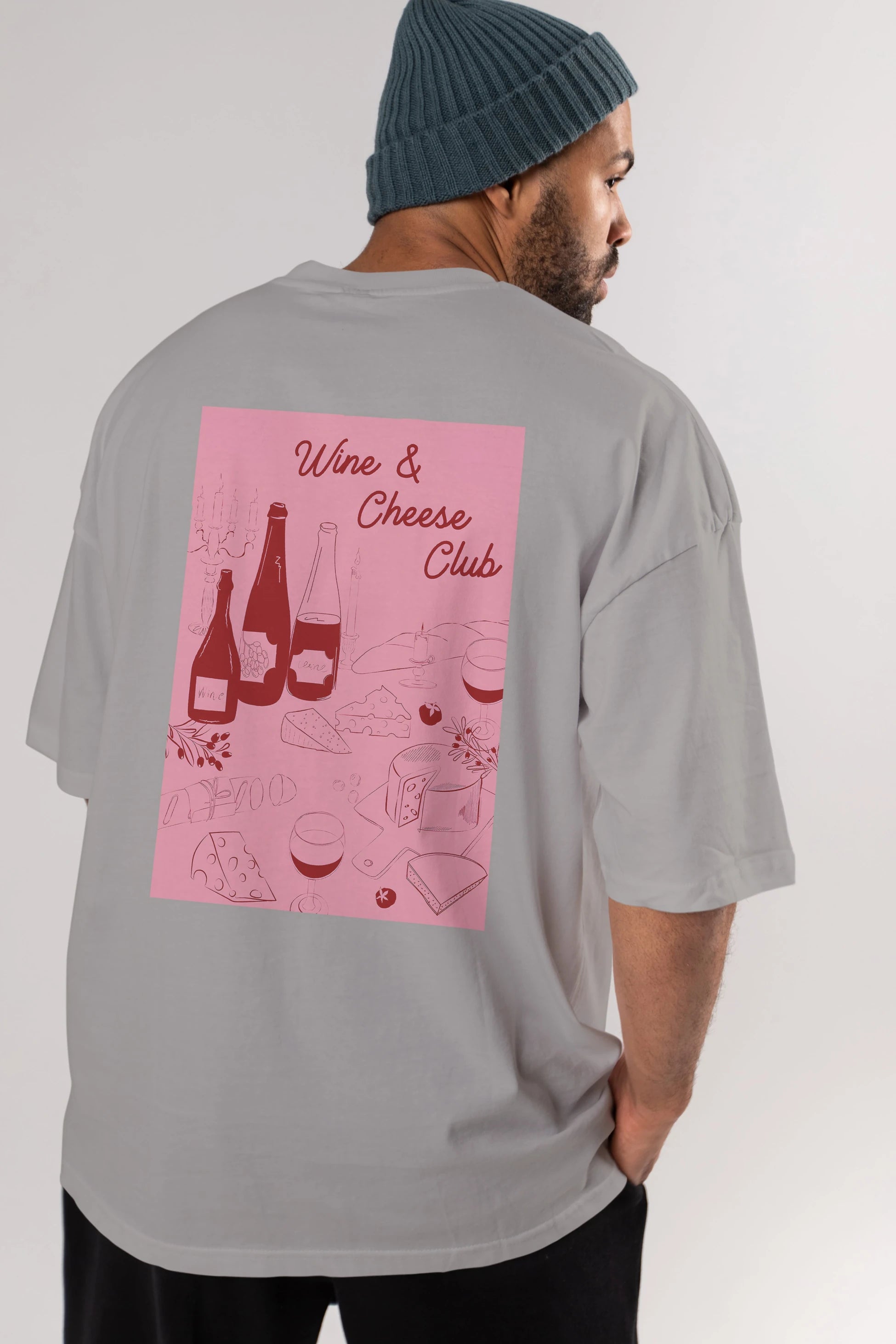 Wine Cheese Club Arka Baskılı Oversize t-shirt Erkek Kadın Unisex %100 Pamuk Bisiklet Yaka tişort