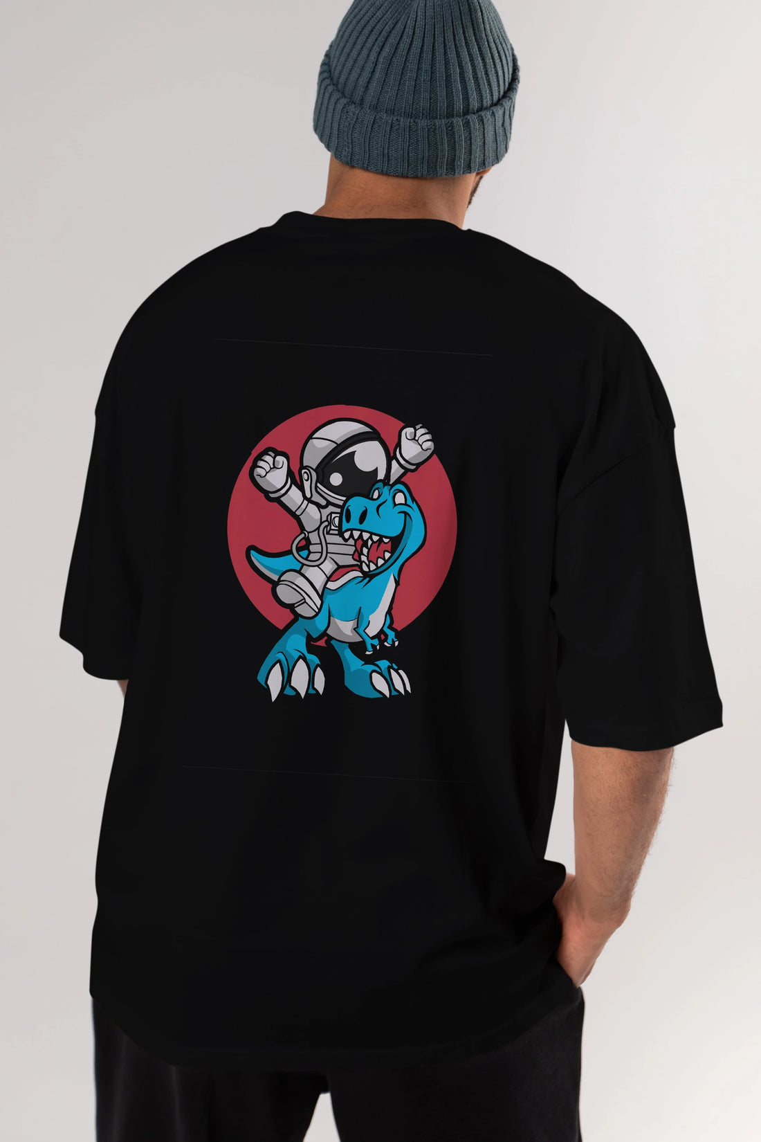 Astronaut Dino Arka Baskılı Oversize t-shirt Erkek Kadın Unisex %100 Pamuk tişort