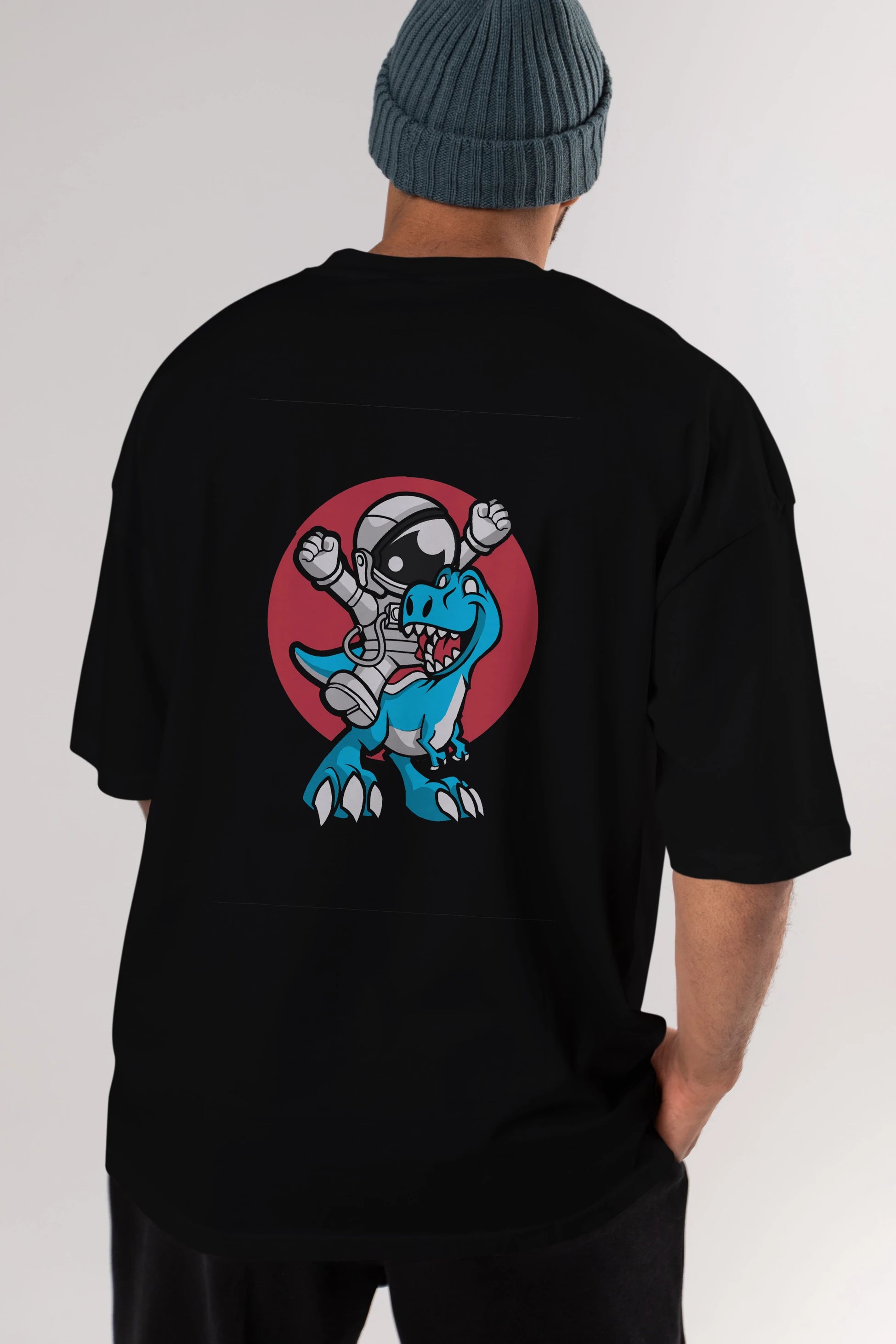Astronaut Dino Arka Baskılı Oversize t-shirt Erkek Kadın Unisex %100 Pamuk tişort