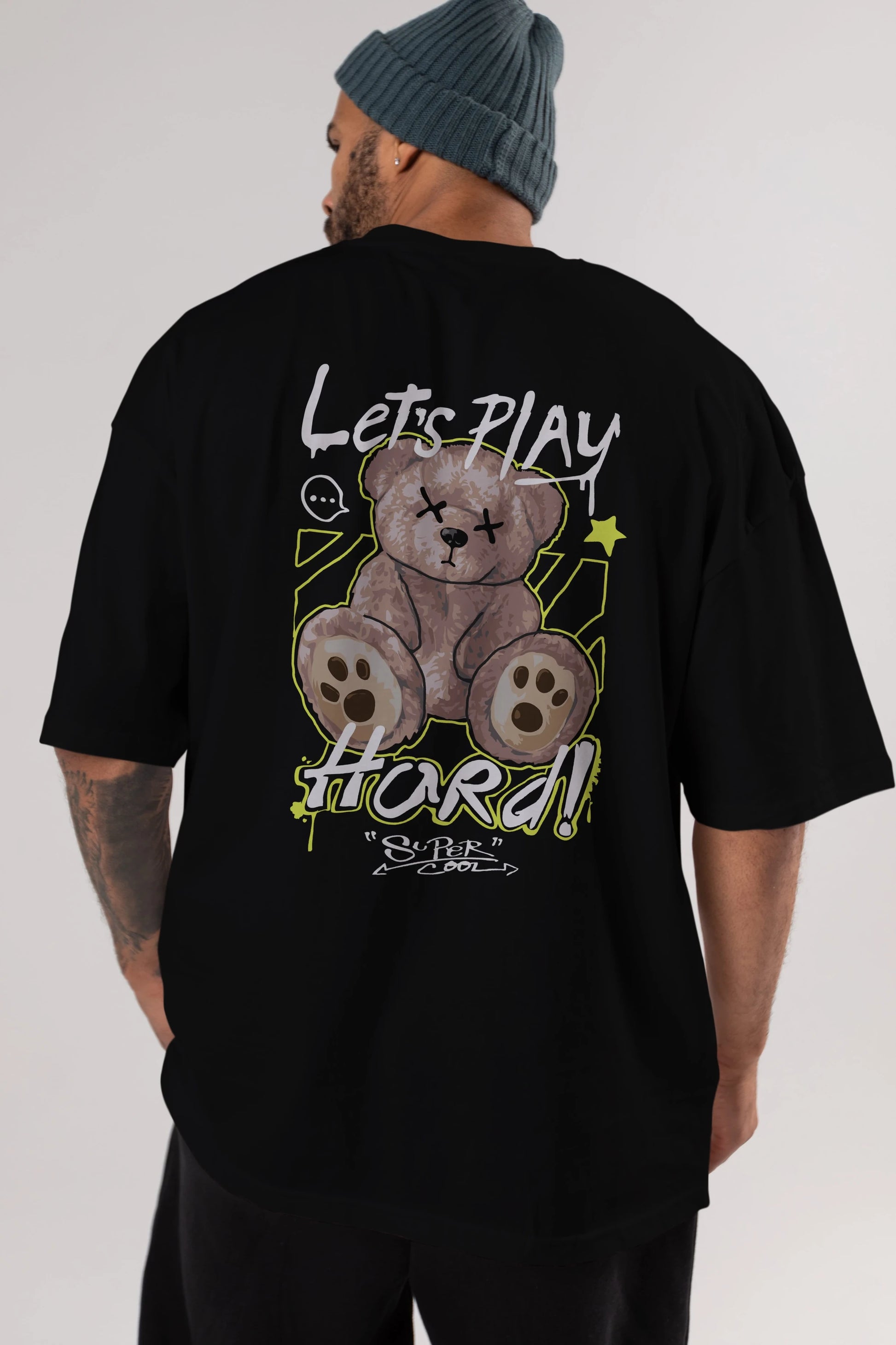 Lets Play Hard Bear Arka Baskılı Oversize t-shirt Erkek Kadın Unisex