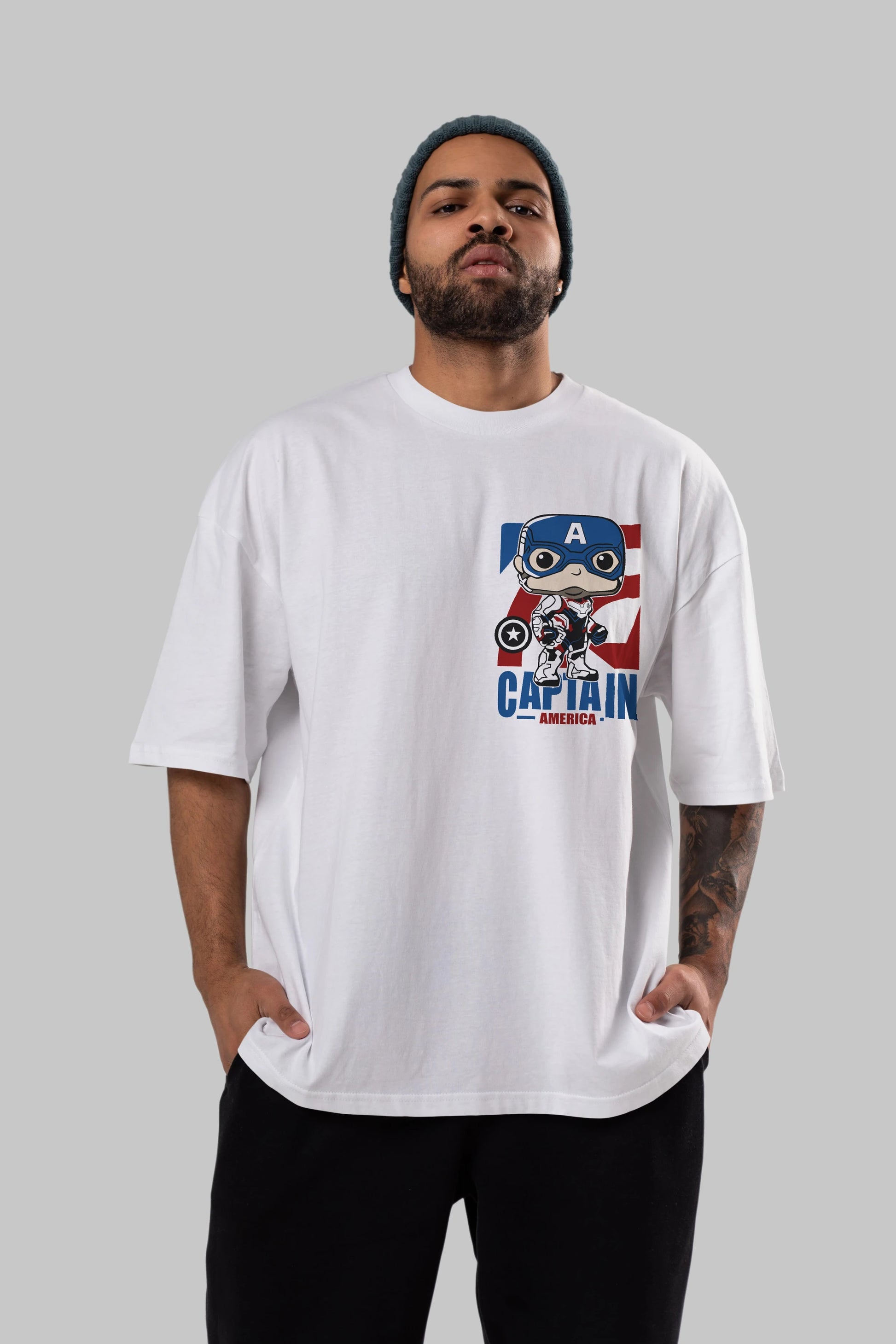 Captain America Ön Sol Baskılı Oversize t-shirt Erkek Kadın Unisex %100 Pamuk Bisiklet Yaka tişort