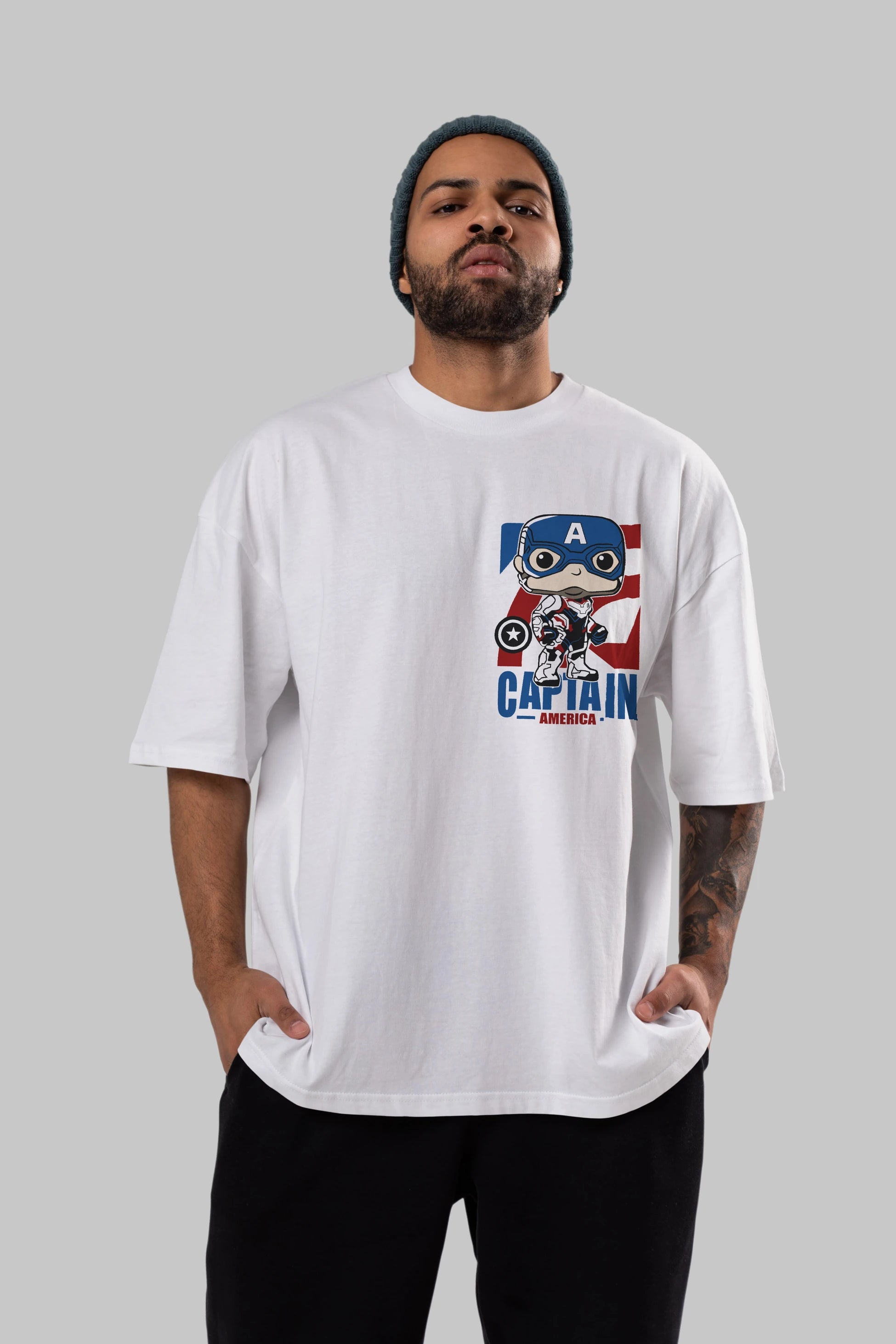 Captain America Ön Sol Baskılı Oversize t-shirt Erkek Kadın Unisex %100 Pamuk Bisiklet Yaka tişort