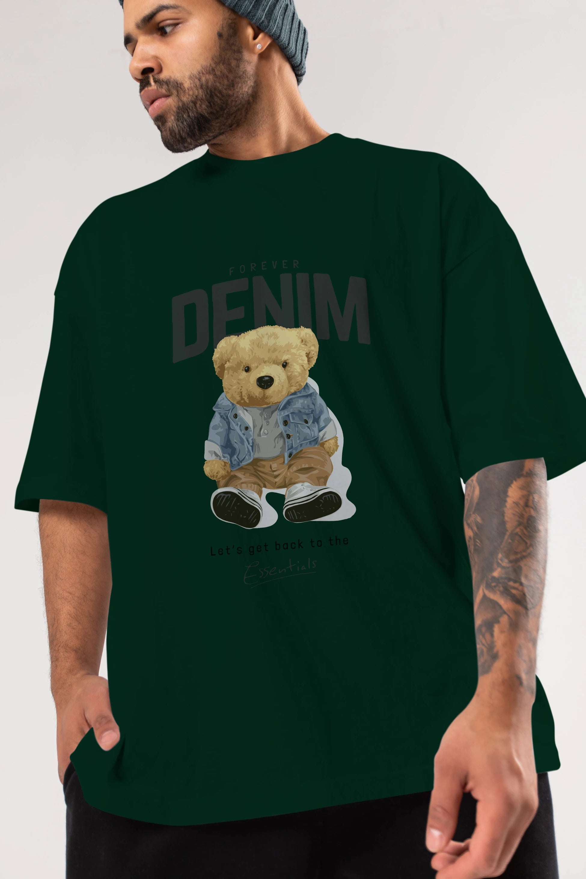 Teddy Bear Forever Denim Ön Baskılı Oversize t-shirt Erkek Kadın Unisex %100 Pamuk