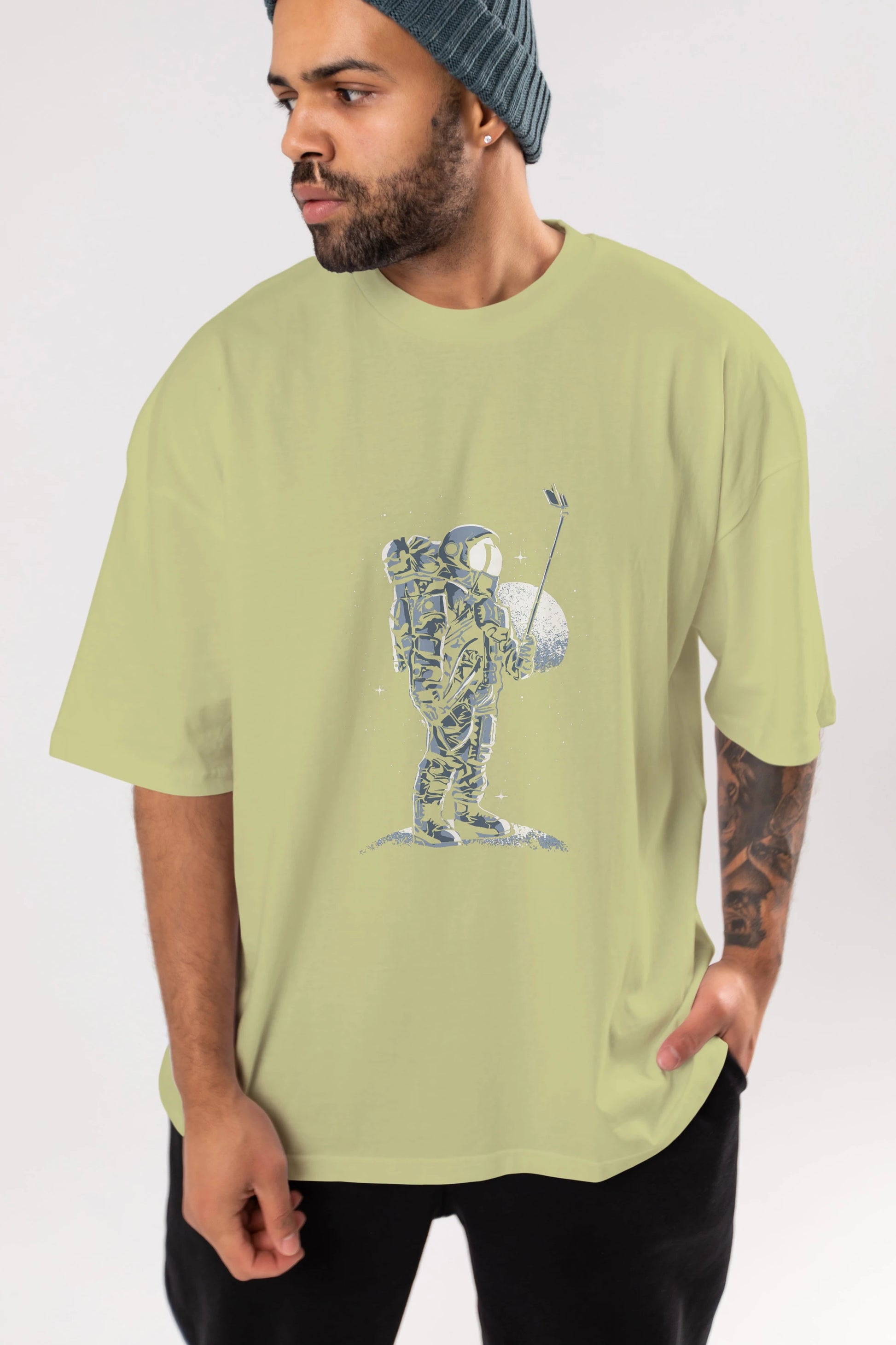 Selfie Astronaut Ön Baskılı Oversize t-shirt Erkek Kadın Unisex %100 Pamuk tişort