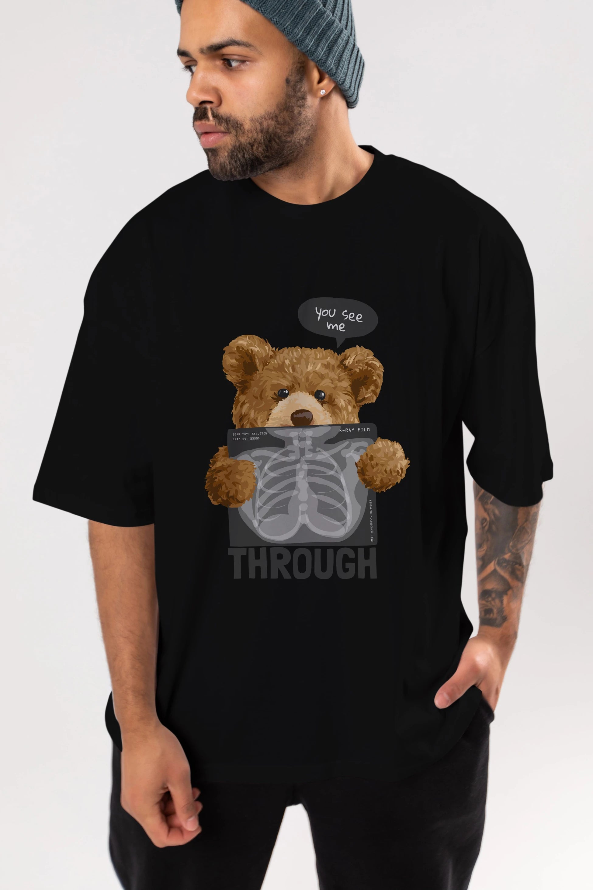 Teddy Bear Trough Ön Baskılı Oversize t-shirt Erkek Kadın Unisex %100 Pamuk