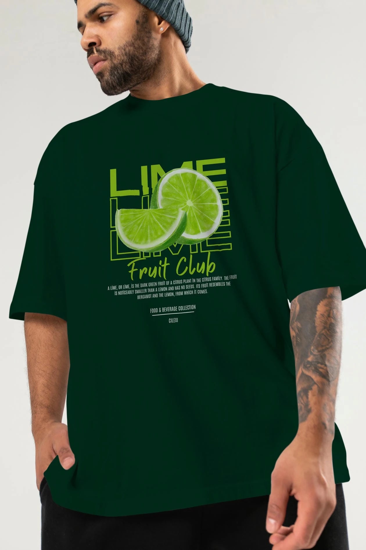 Lime Ön Baskılı Oversize t-shirt Erkek Kadın Pamuk Bisiklet Yaka tişort