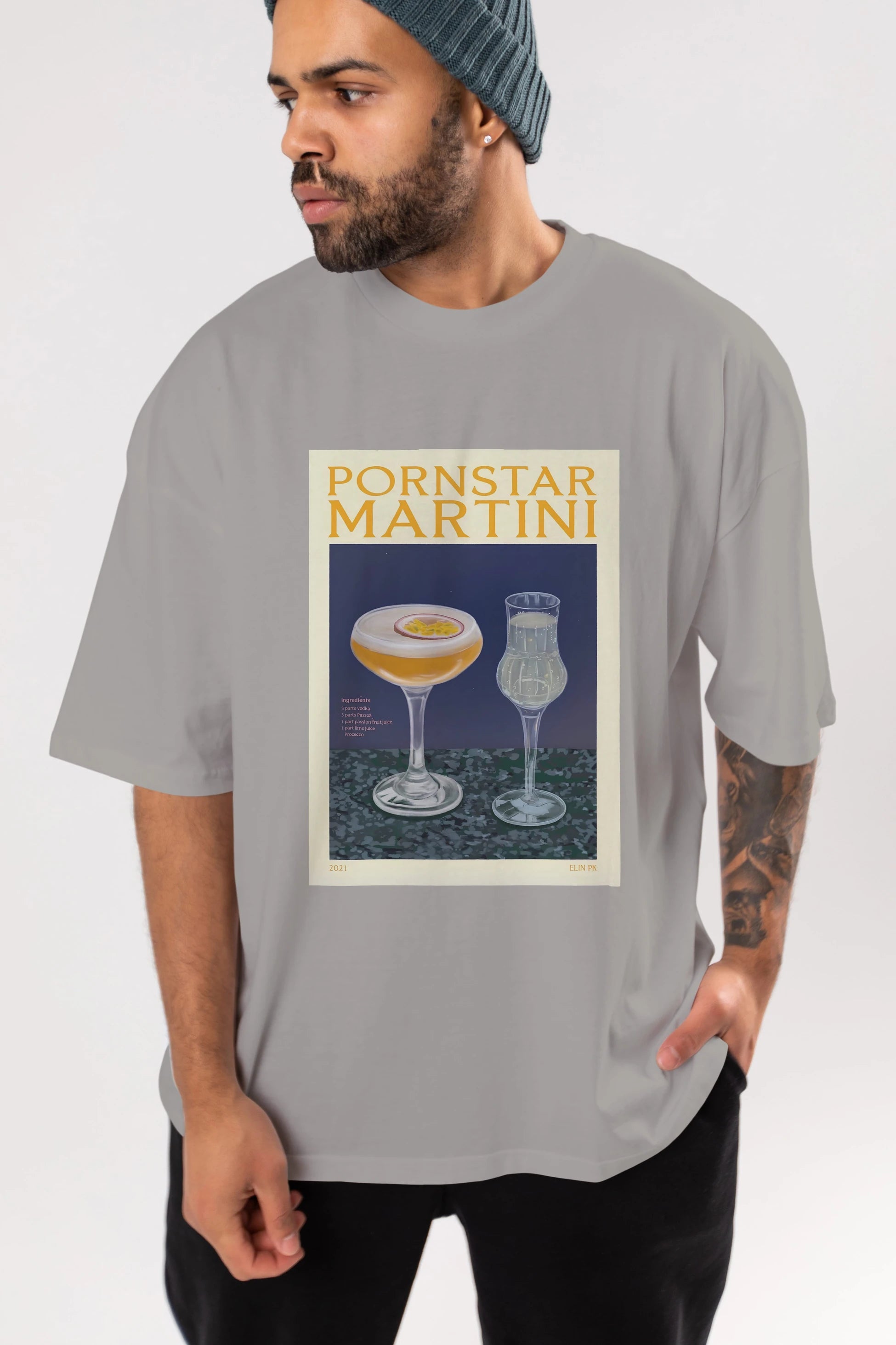 P.rnstar Martini Ön Baskılı Oversize t-shirt Erkek Kadın Unisex %100 Pamuk Bisiklet Yaka tişort