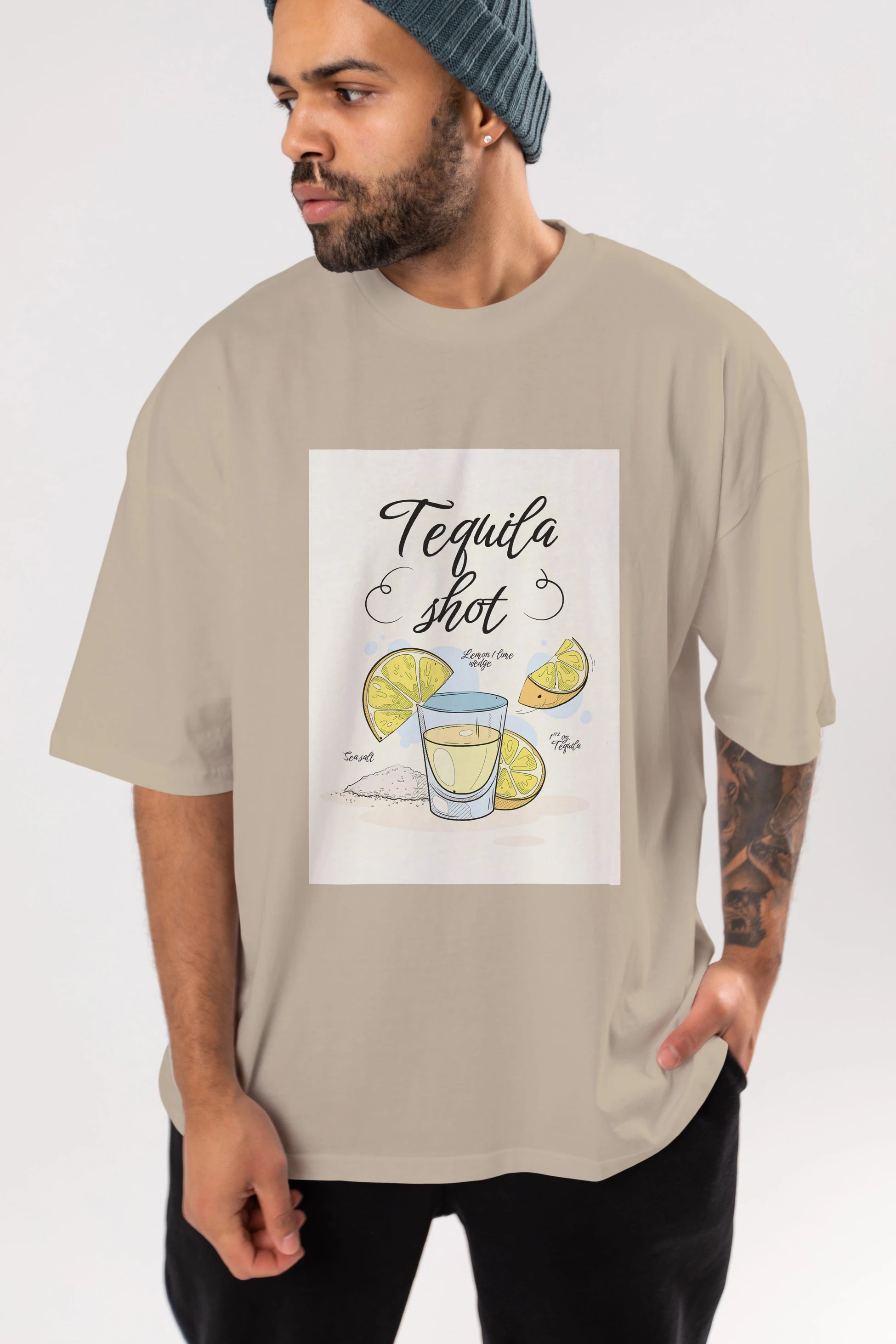 Tequila Shot Ön Baskılı Oversize t-shirt Erkek Kadın Unisex %100 Pamuk Bisiklet Yaka tişort