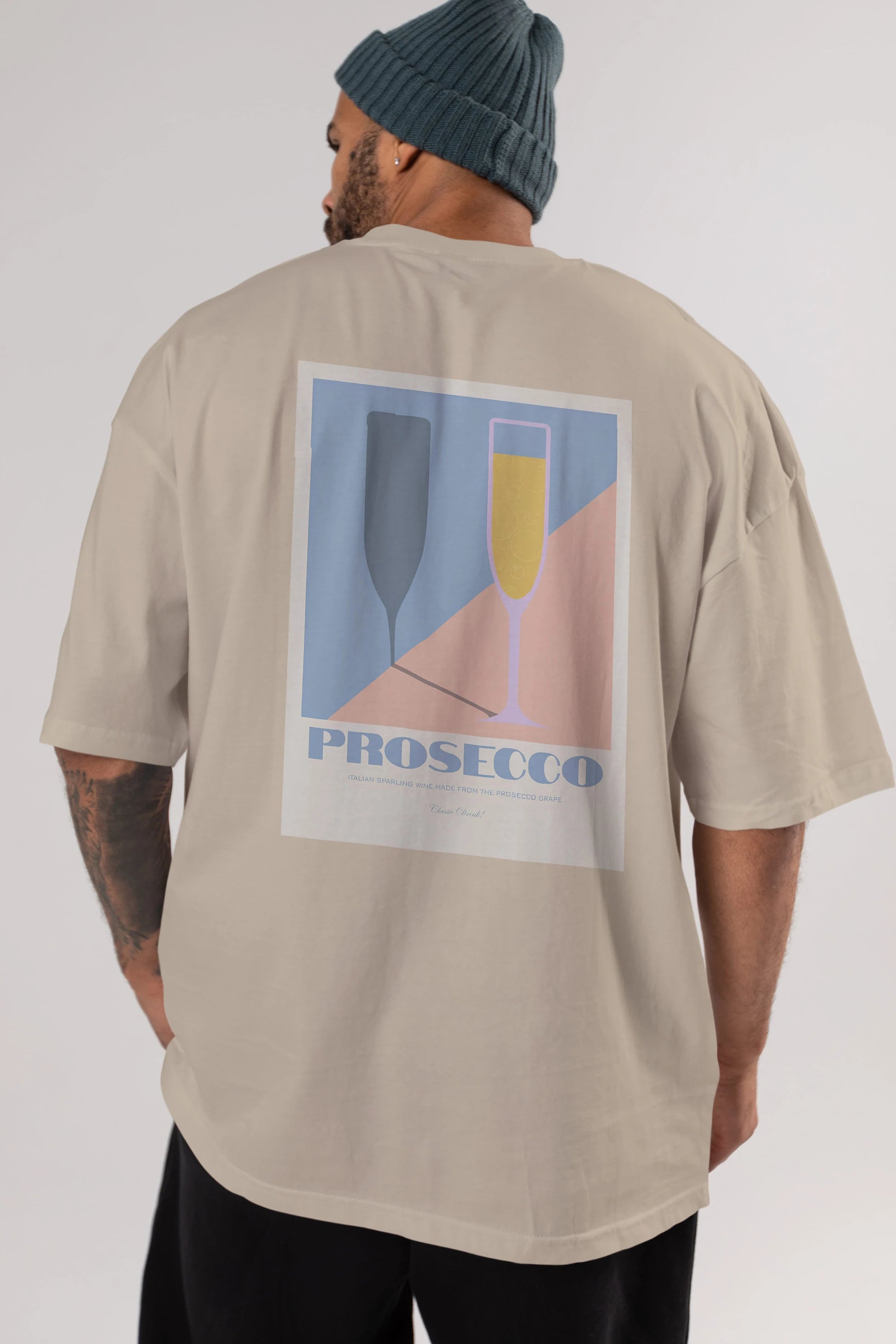 Prosecco Arka Baskılı Oversize t-shirt Erkek Kadın Unisex %100 Pamuk Bisiklet Yaka tişort
