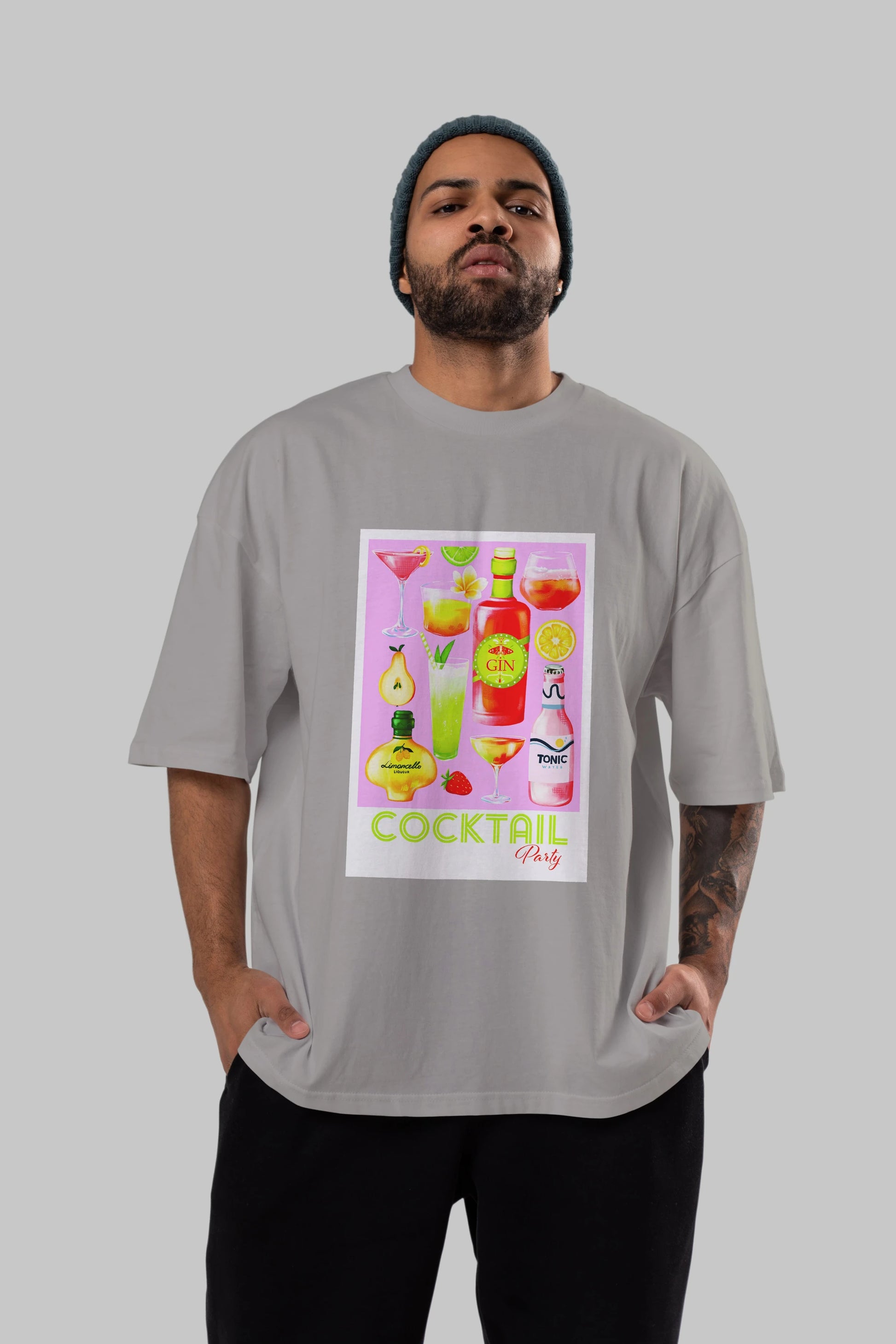Cocktail Party Ön Baskılı Oversize t-shirt Erkek Kadın Unisex %100 Pamuk Bisiklet Yaka tişort