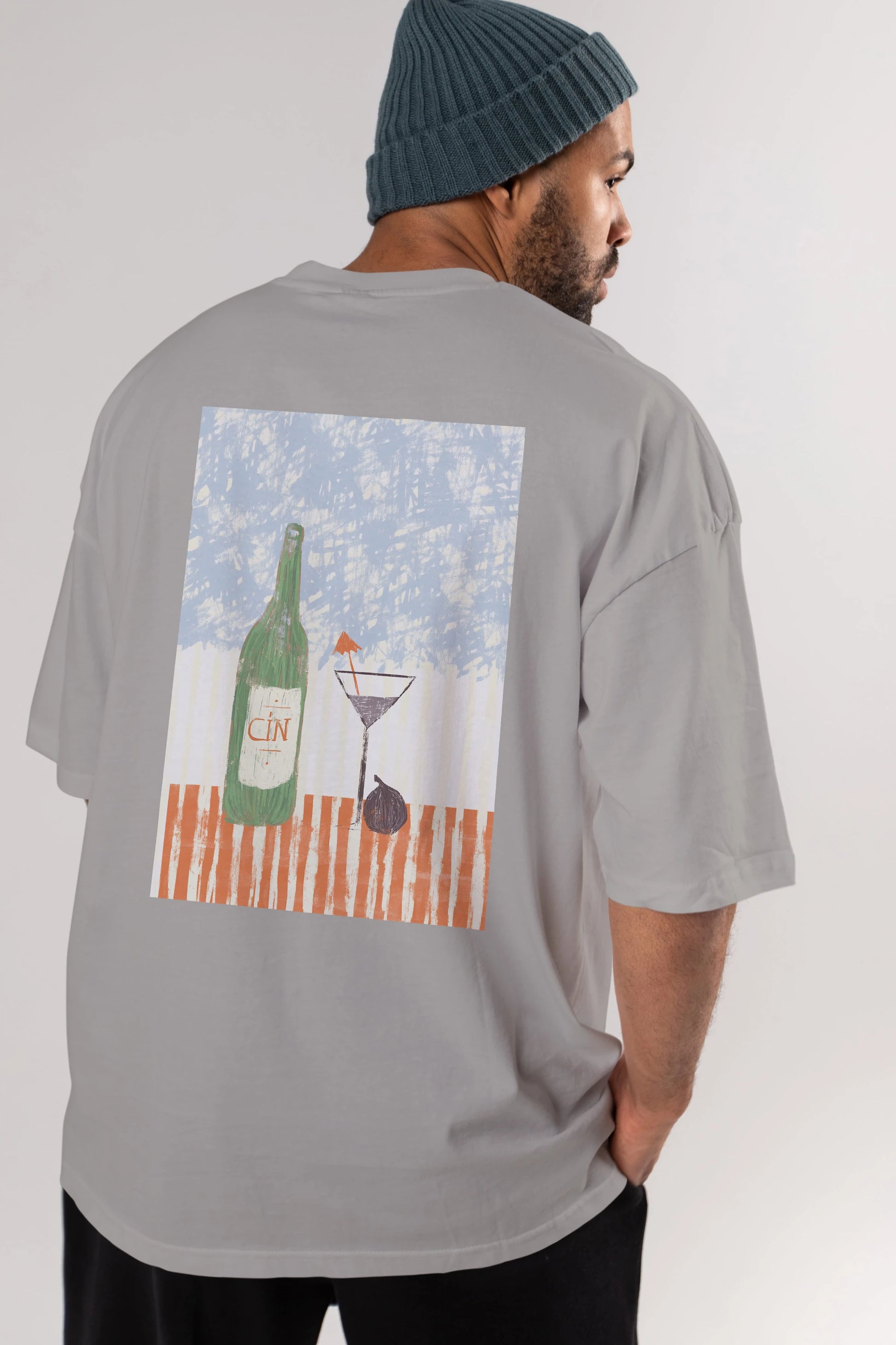 Gin Arka Baskılı Oversize t-shirt Erkek Kadın Unisex %100 Pamuk Bisiklet Yaka tişort