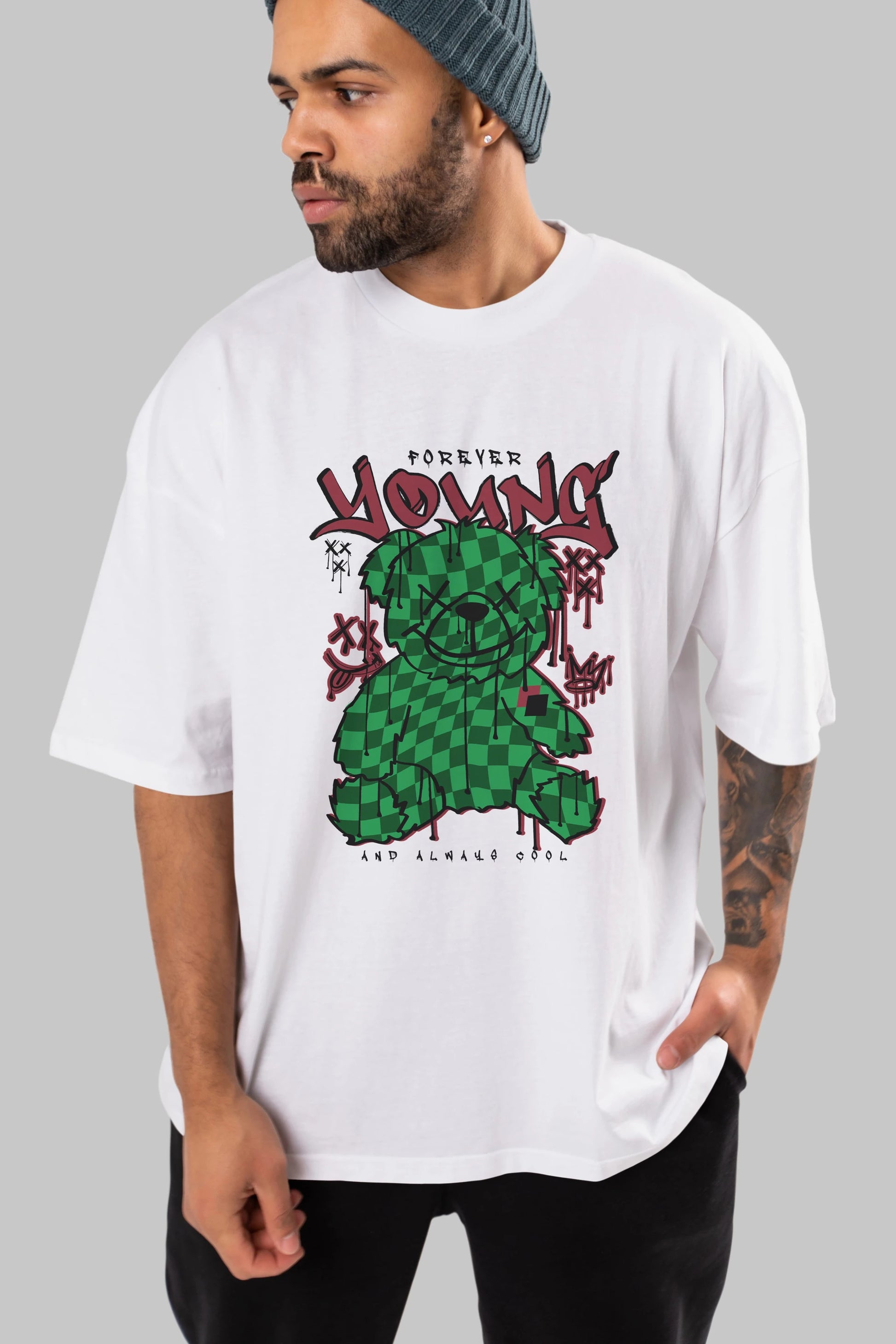 Young and Always Cool Bear Ön Baskılı Oversize t-shirt Erkek Kadın Unisex