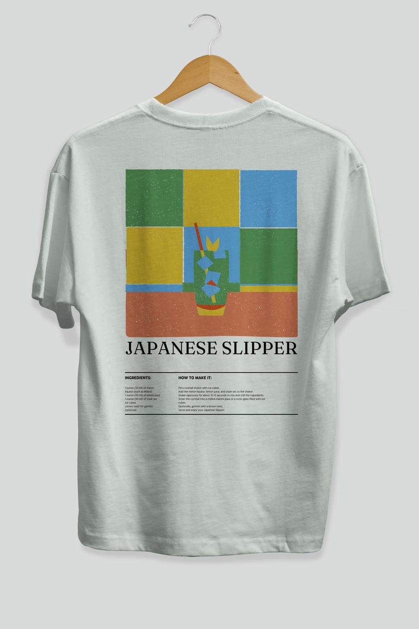 Japanese Slipper Kokteyl Serisi Arka Baskılı Oversize t-shirt Erkek Kadın %100 Pamuk Bisiklet Yaka tişort