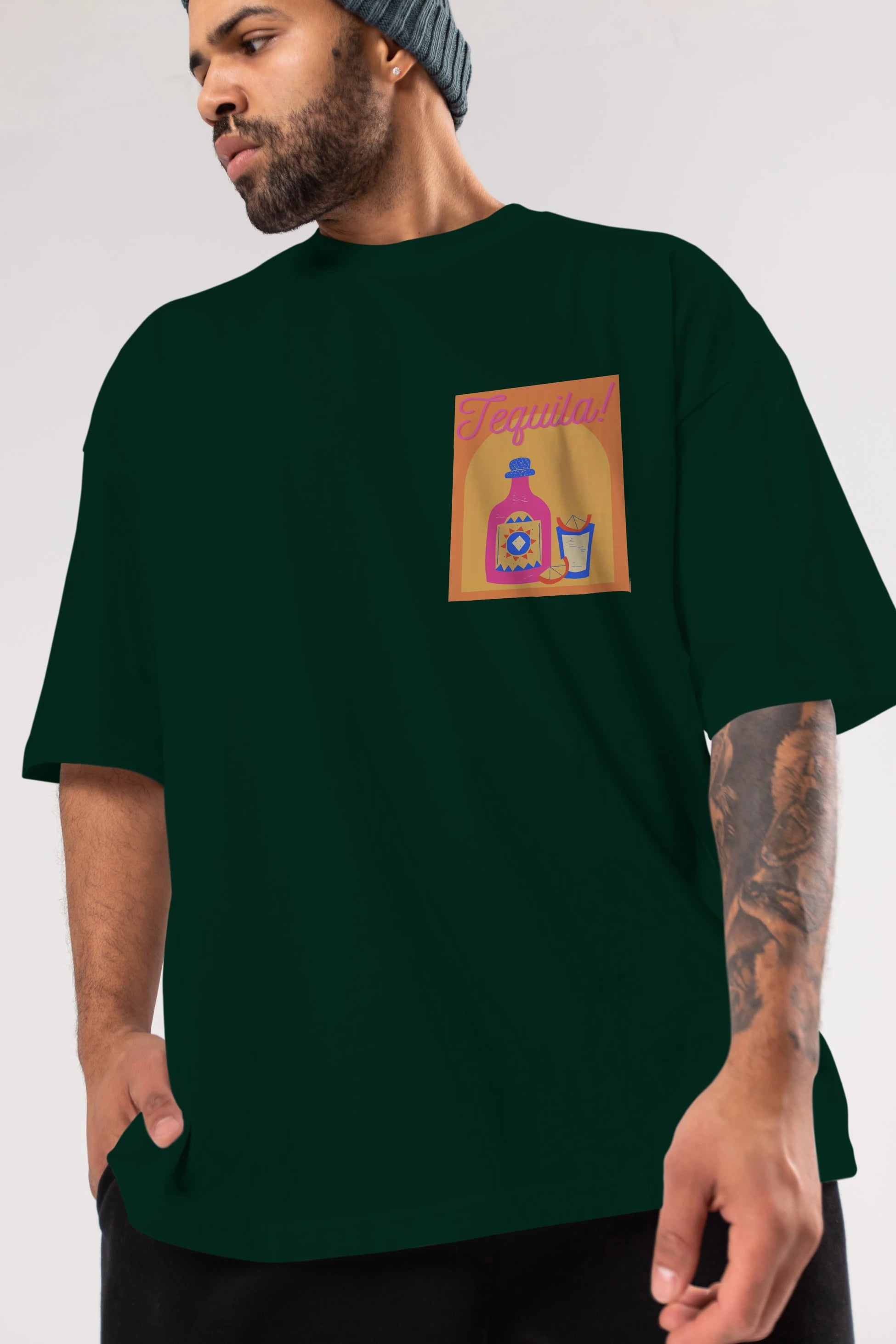 Tequila Ön Sol Baskılı Oversize t-shirt Erkek Kadın Unisex %100 Pamuk Bisiklet Yaka tişort