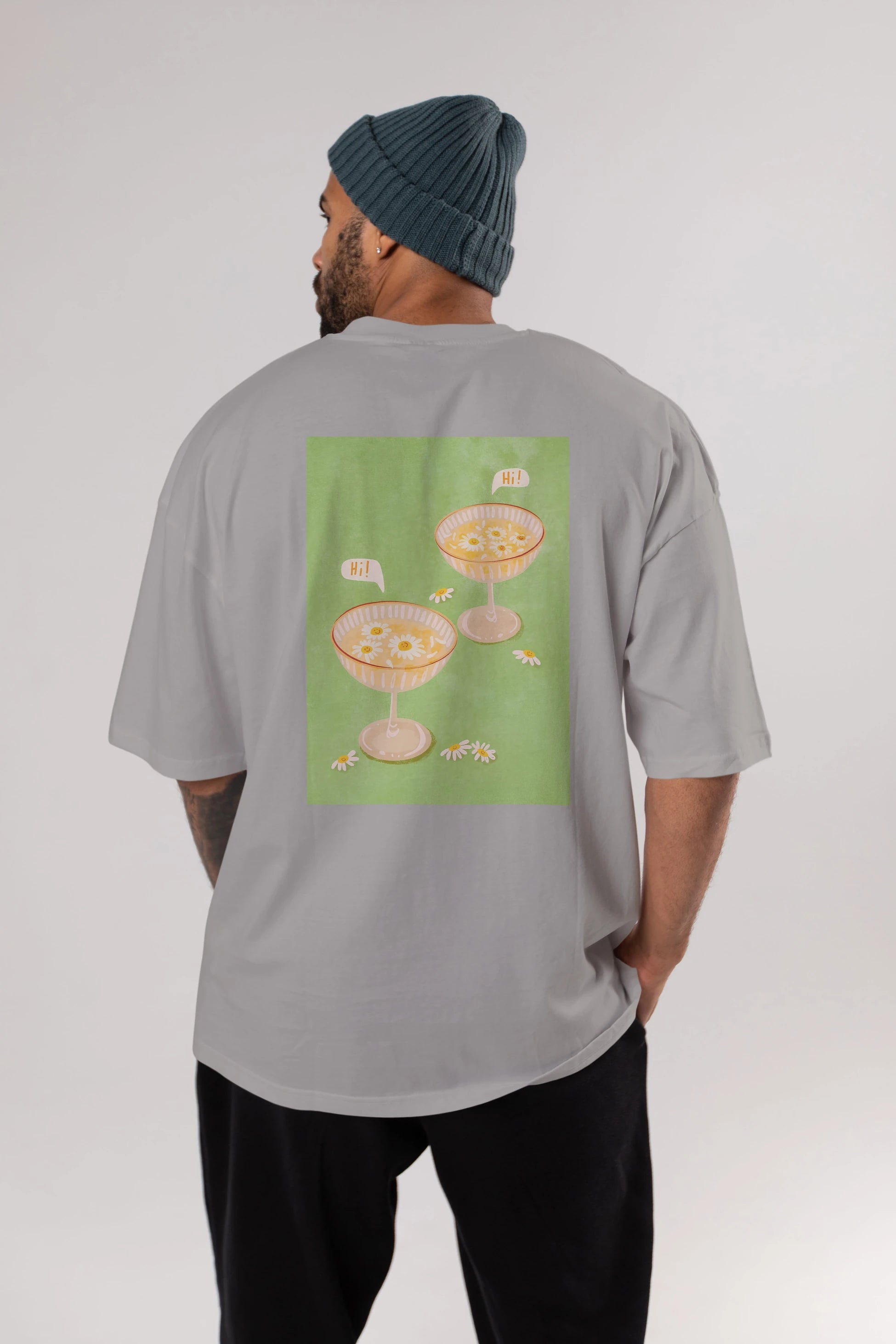 Hi Cheers Arka Baskılı Oversize t-shirt Erkek Kadın Unisex %100 Pamuk Bisiklet Yaka tişort