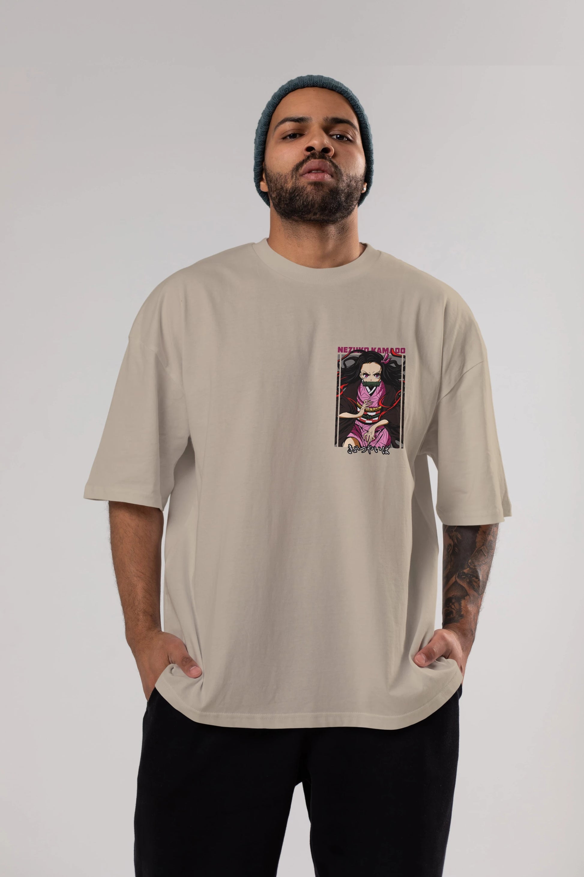 Nezuko Kamado 1 Ön Sol Baskılı Oversize t-shirt Erkek Kadın Unisex %100 Pamuk Bisiklet Yaka tişort