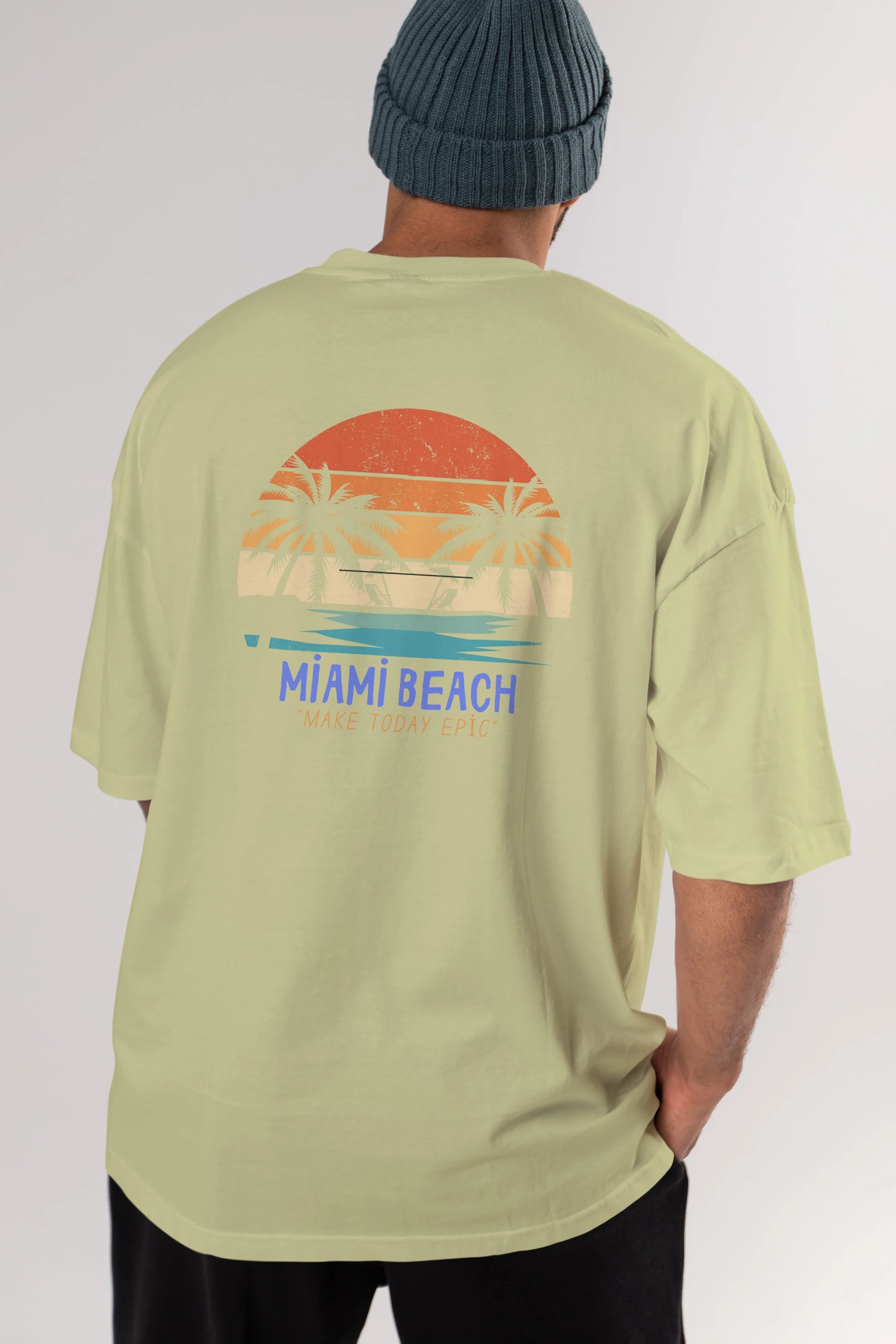 Miami Beach Yazılı Arka Baskılı Oversize t-shirt Erkek Kadın Unisex