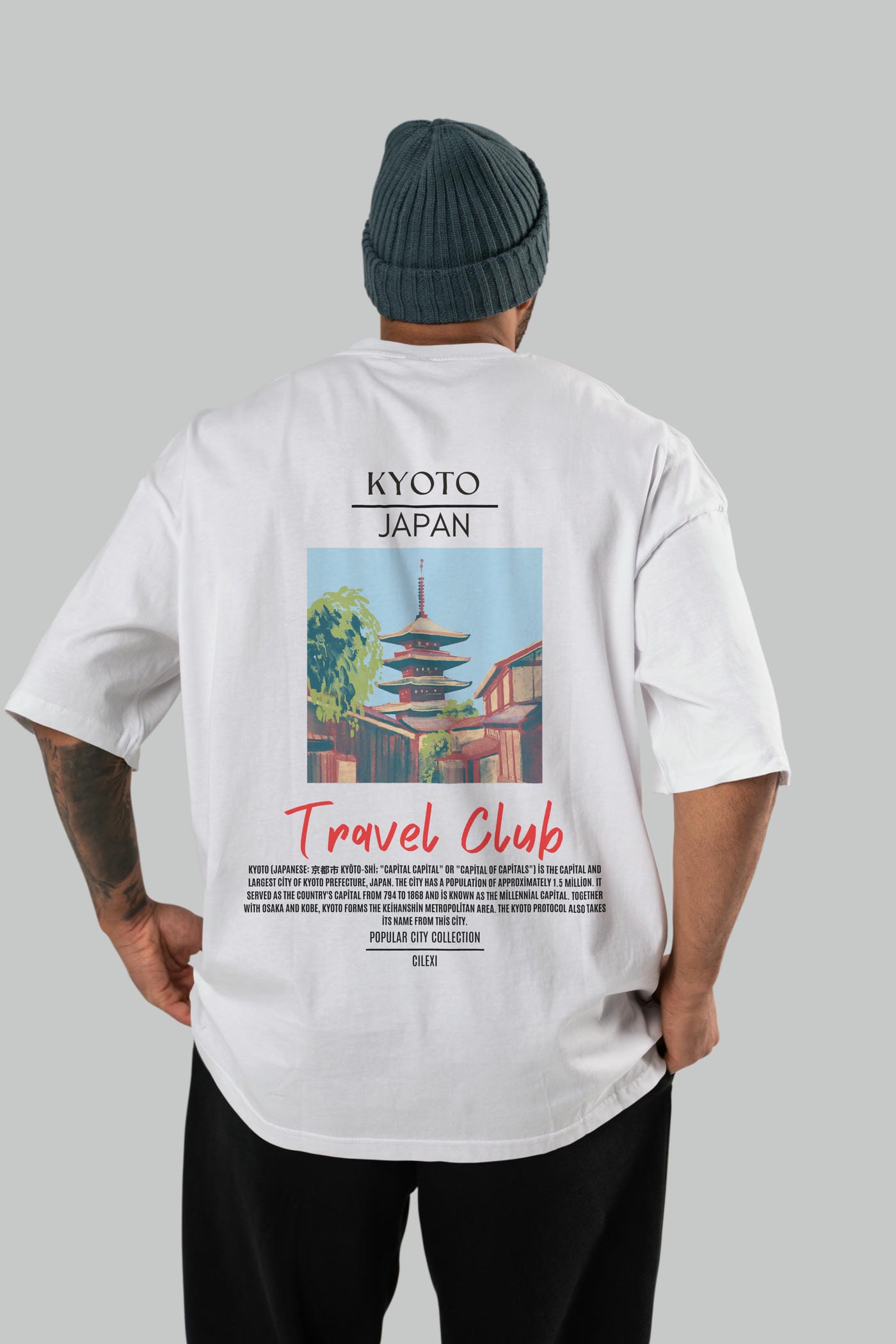 Kyoto Japan Arka Baskılı Oversize t-shirt Erkek Kadın Pamuk Bisiklet Yaka tişort