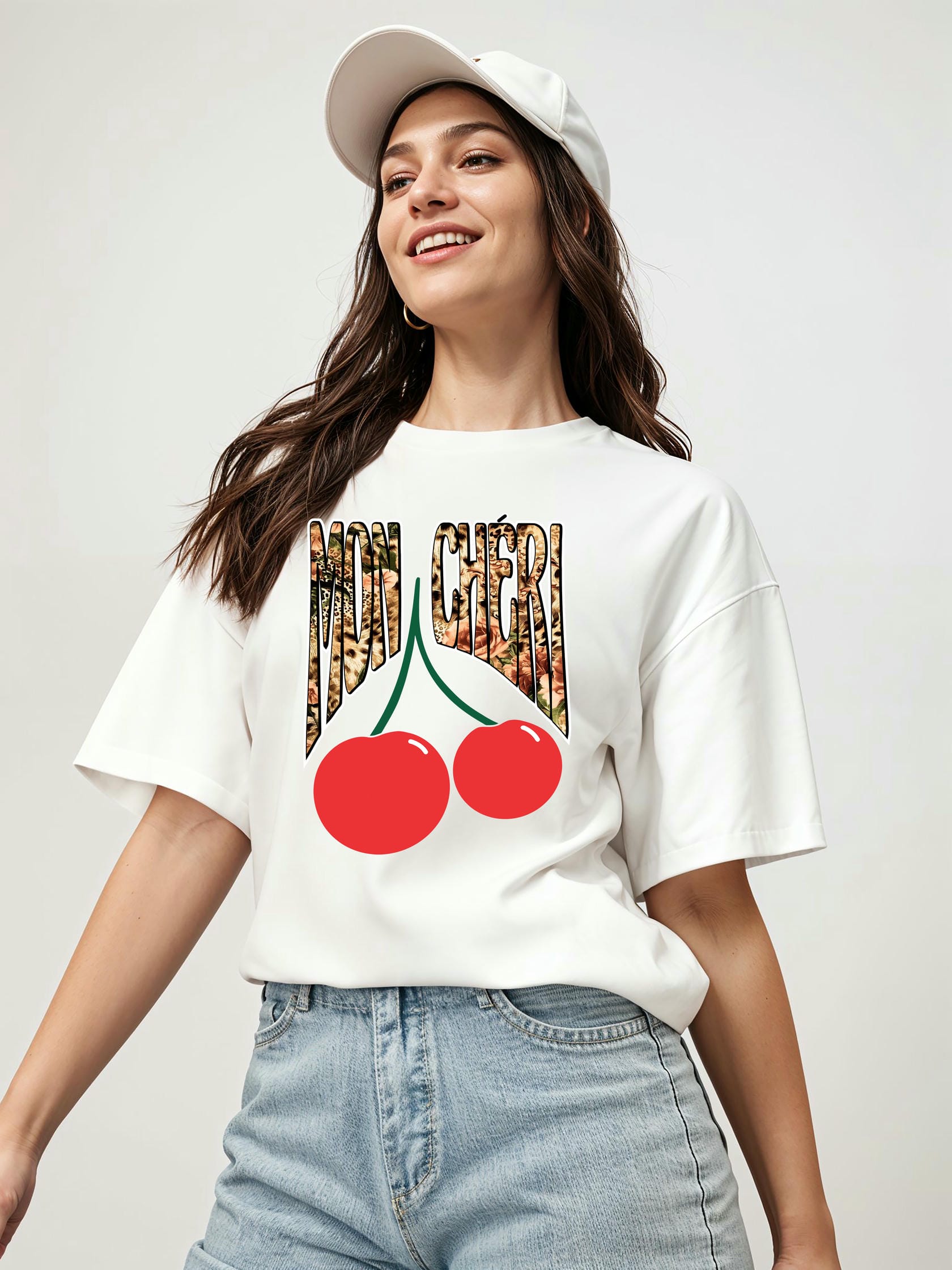 Mon Cherry Cherries Ön Baskılı Oversize t-shirt Erkek Kadın Pamuk Bisiklet Yaka tişort