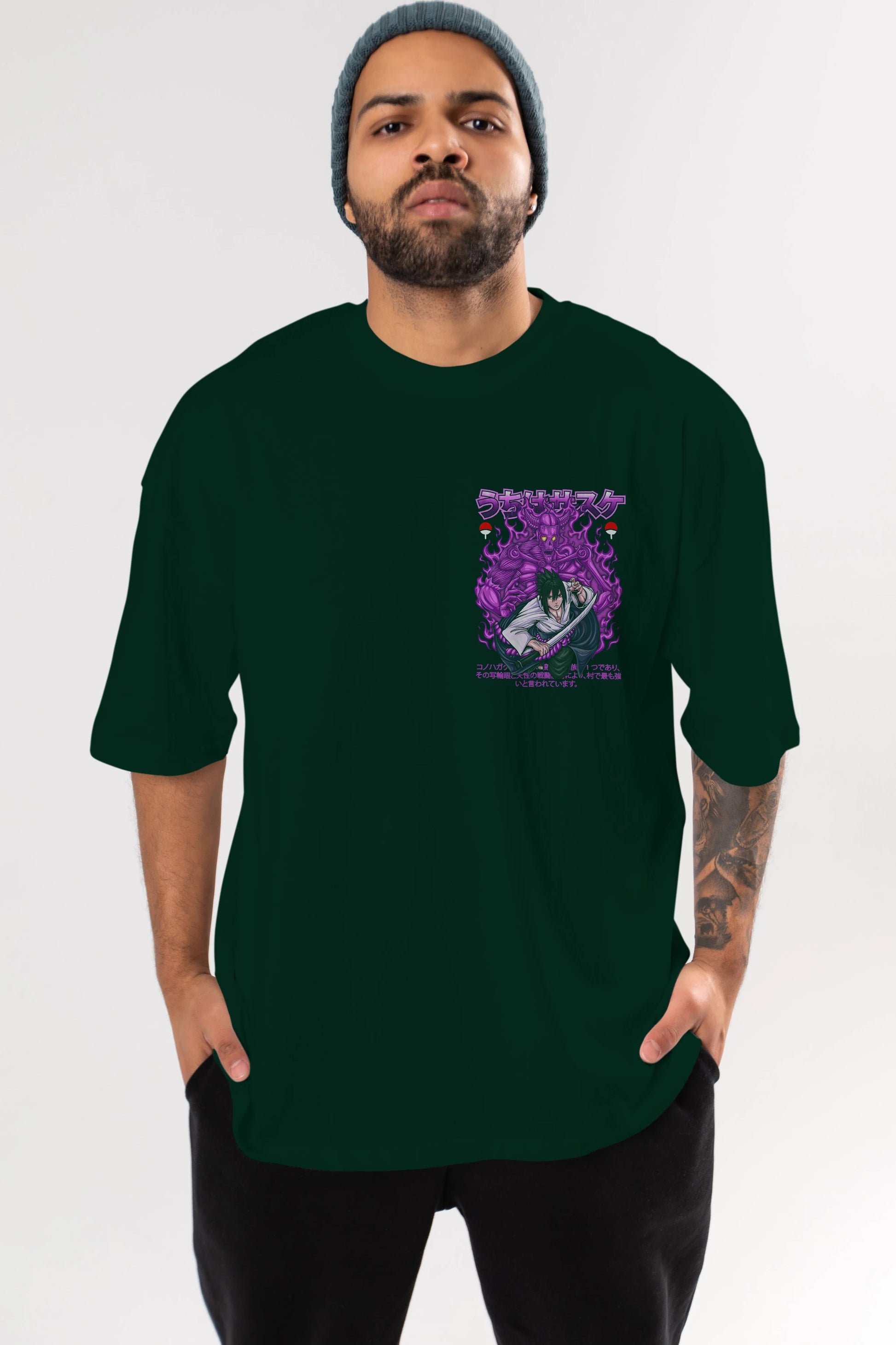 SASUKE UCHIHA NARUTO Ön Sol Baskılı Oversize t-shirt Erkek Kadın Unisex %100 Pamuk Bisiklet Yaka tişort
