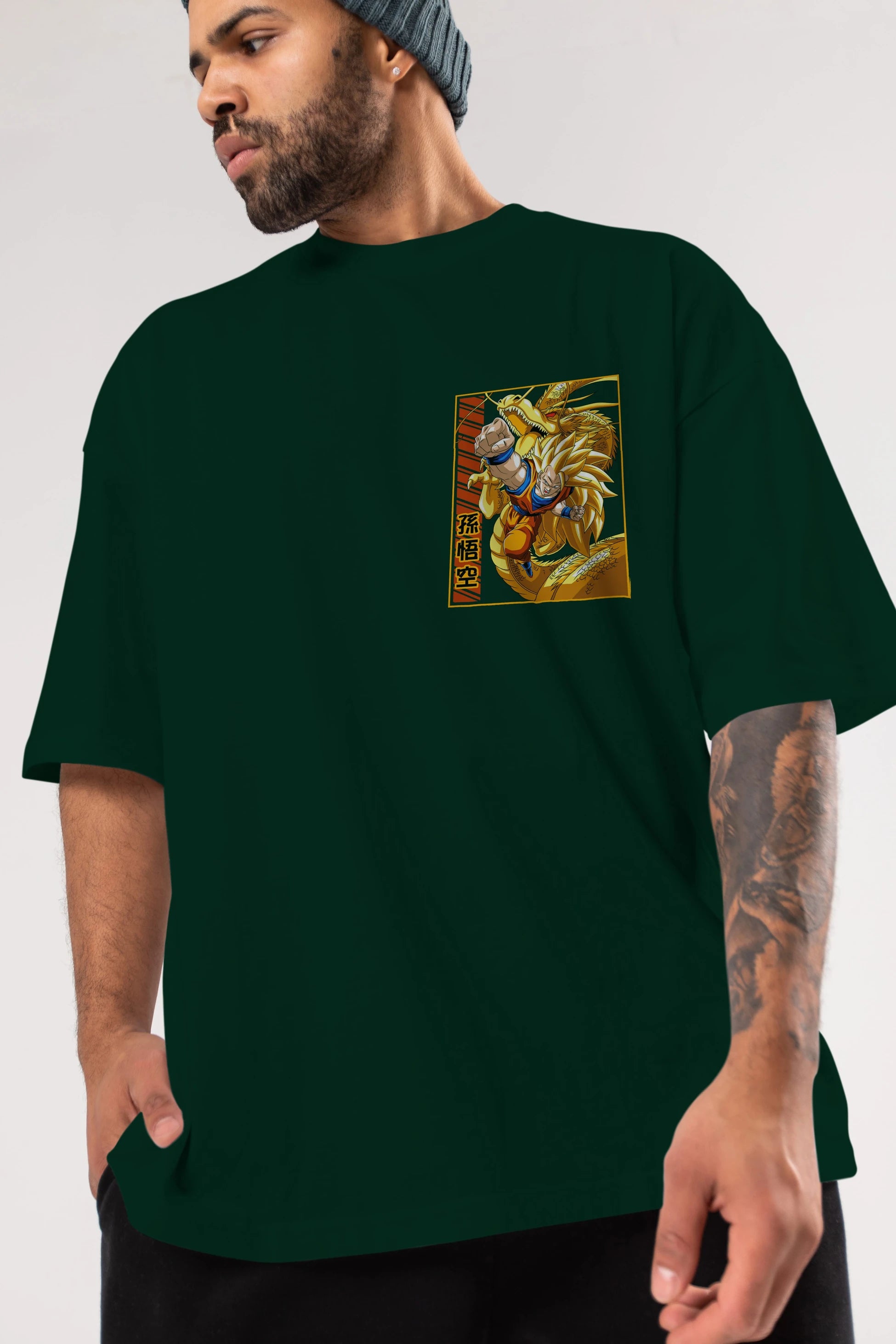 DragonBall Goku Ön Sol Baskılı Oversize t-shirt Erkek Kadın Unisex %100 Pamuk Bisiklet Yaka tişort
